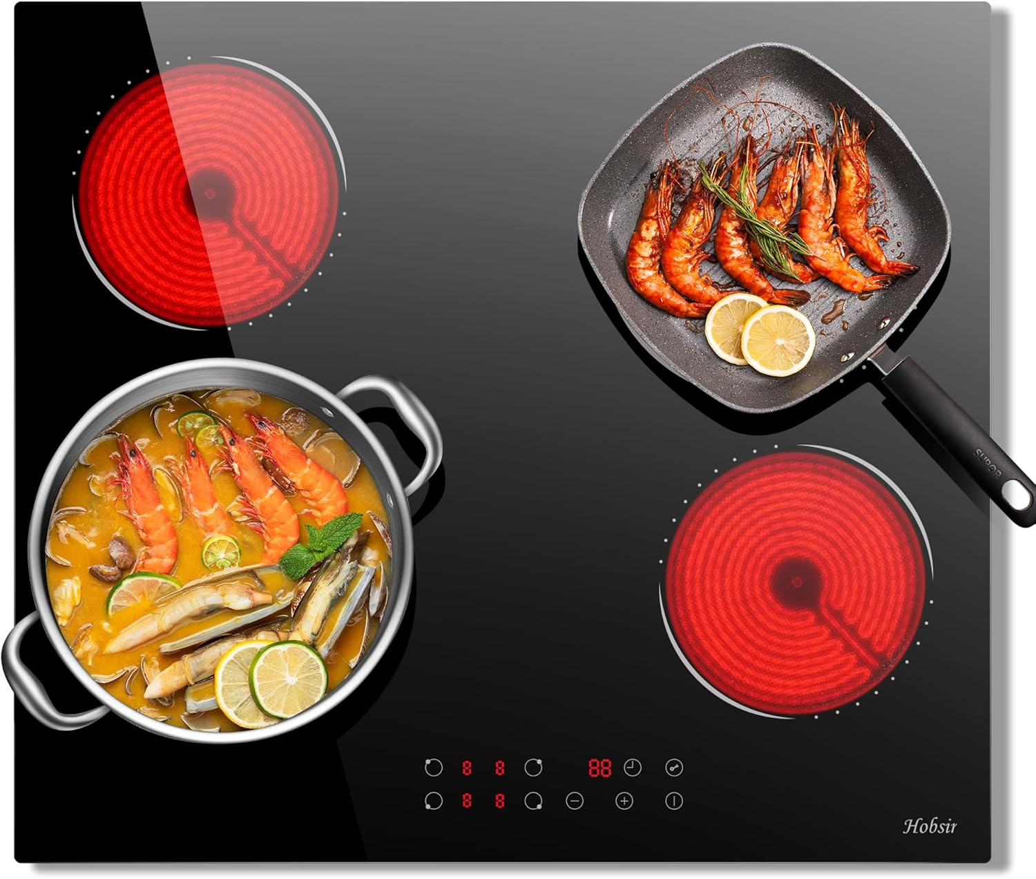 Glaskeramikkochfeld 4 Zonen Kochfelder Sensor-touch Control Kochfeld Autark 60cm, 6000W, 9 Leistungsstufe, verkabelt, kein Stecker