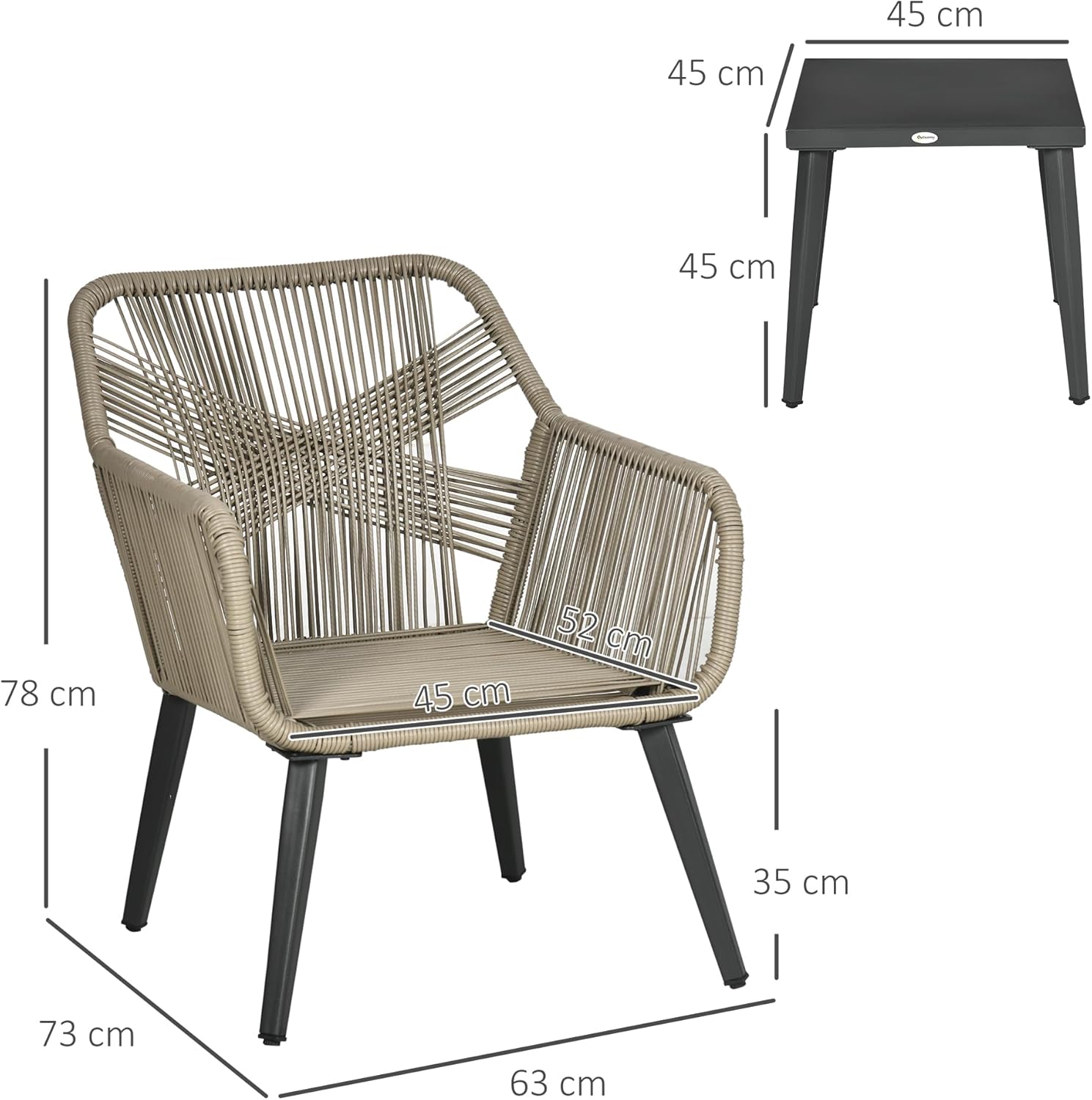 Outsunny 3-Piece Garden Table and Chairs Set in PE Rattan and Steel with 2 Modern Chairs and 1 Coffee Table, Grey