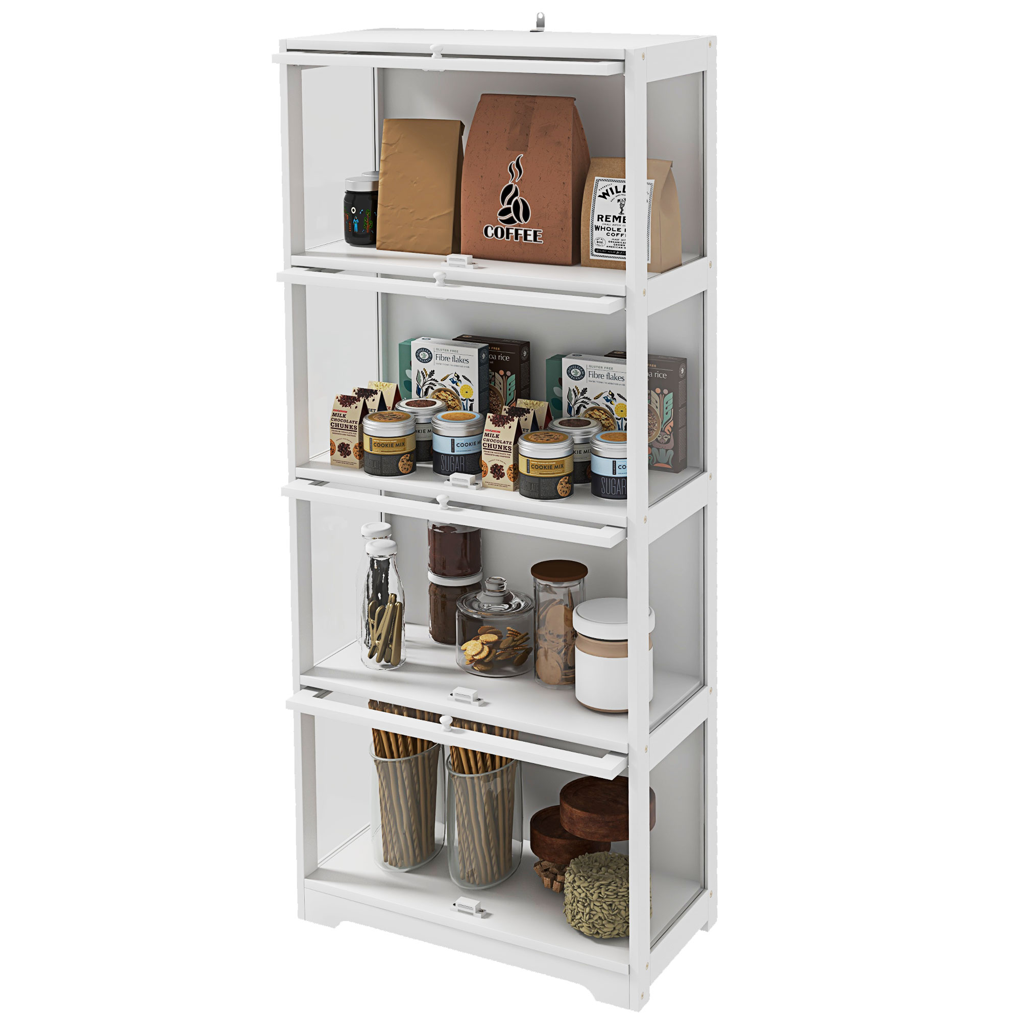 HOMCOM Vitrine für Sammler Buffet Wohnzimmer Aufbewahrungsmöbel mit 4 Ebenen und abklappbaren Türen, 59 x 30 x 139 cm, weiß
