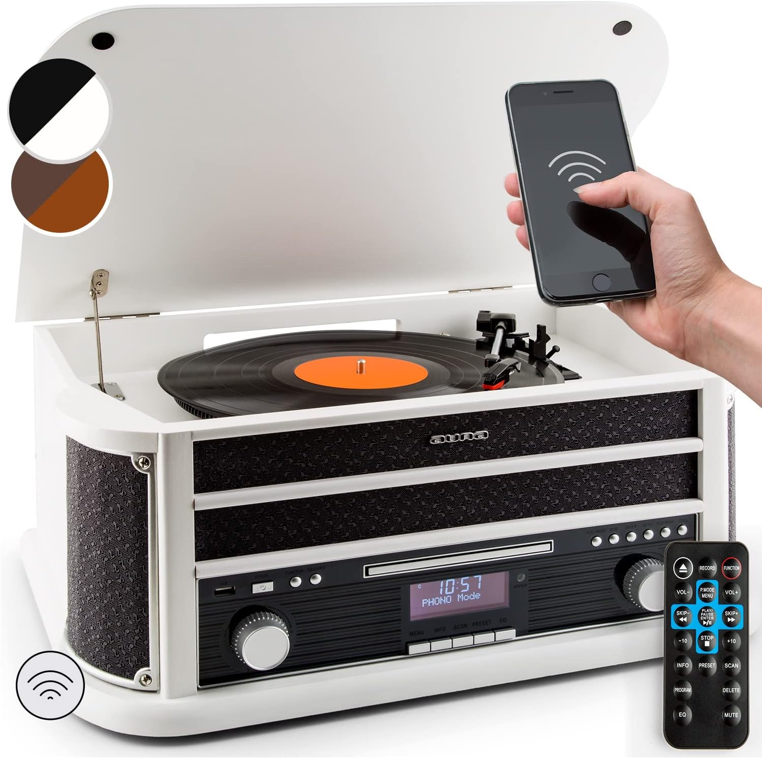 Auna Belle Epoque 1908 - Giradischi Vintage, Radio Digitale, Giradischi Vinili in Design retrò, Dab+, FM, Bluetooth, Lettore CD, MP3, Funzione RDS, Cassetta, USB, Marrone