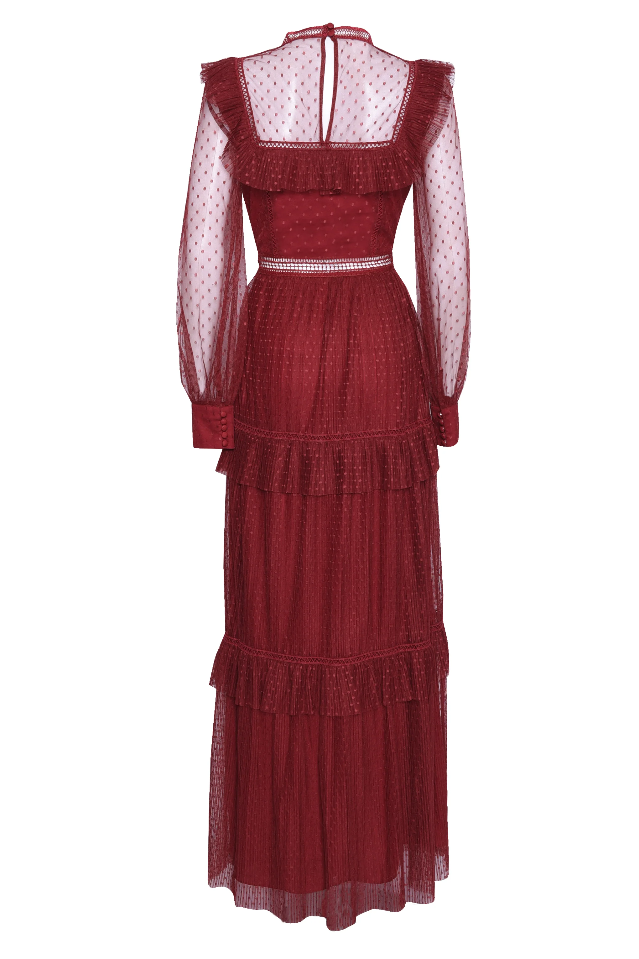 Burgundy Polka Dot Mesh High Neck Long Sleeve Layered Maxi Dress