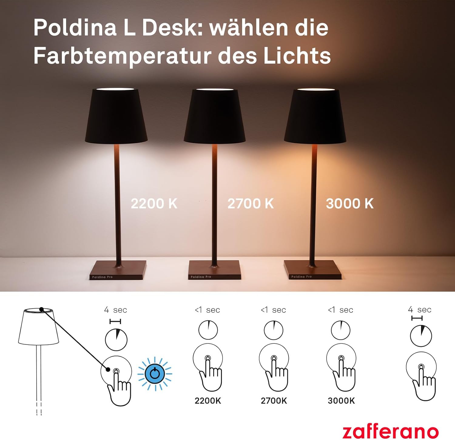 Zafferano, Poldina L Schreibtischlampe, Tragbare und Wiederaufladbare Tischlampe mit Touch Control, Geeignet für Wohnzimmer und Außenbereich, Dimmer, 2200-3000 K, Höhe 49,7 cm, Farbe Dunkelgrau
