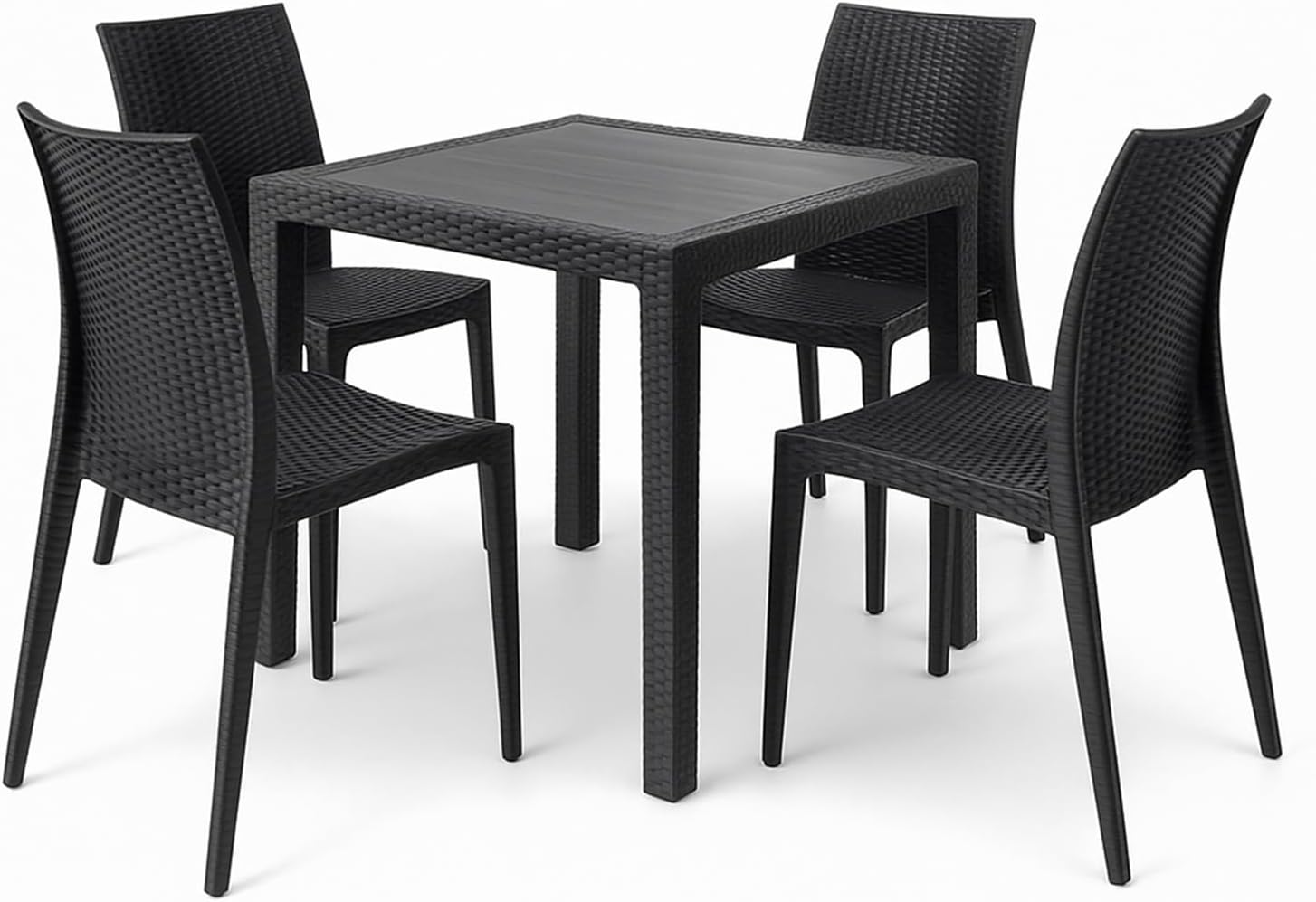 PALUPLUS KIN024F/MAD603F-23.5 Square Table Set with 4 Rattan Chairs, Plastic Anthracite Colour, Table Size 79 x 79 x 72 cm, Chair without Armrests, Outdoor Furniture, Terrace
