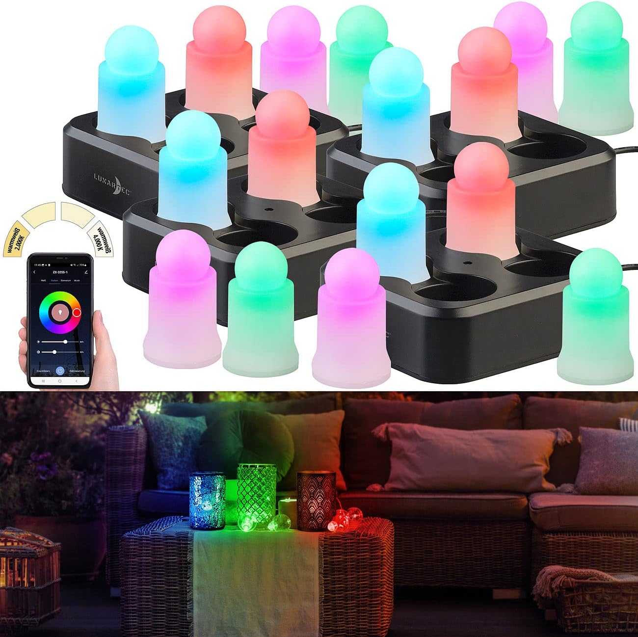 Lunartec LED Kerze Ladestation: 16er-Set wetterfeste LED-RGBWW-Kerzen mit Akku und Ladeschale, App (aufladbare Kerzen-Sets, mit Ladestation, Flamme)