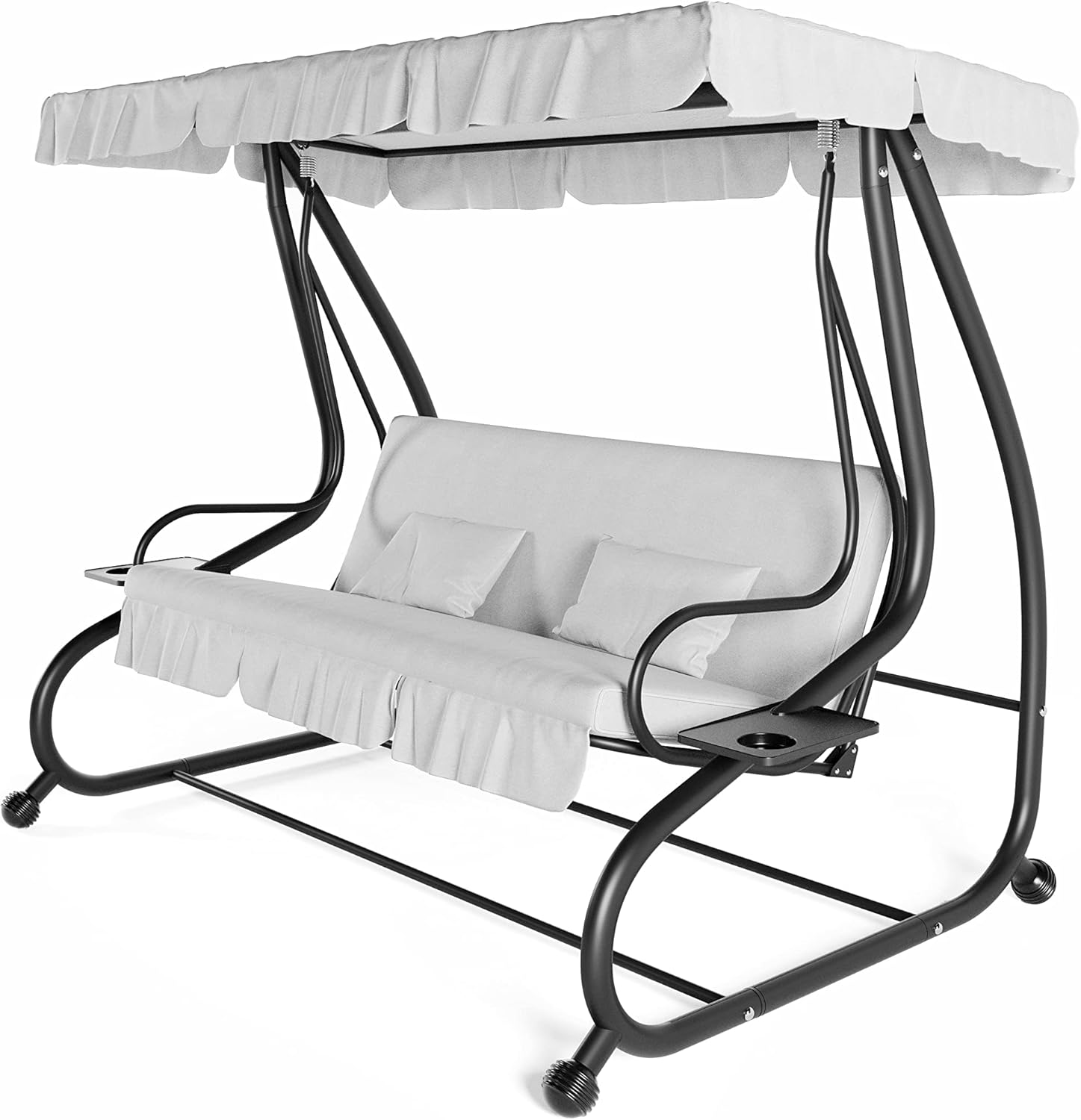 3-Seater Reclining Swing Chair with Padded Cushions Sun Shade Adjustable Canopy Becomes Bed Structure Sturdy Painted Steel Garden Outdoor Balcony Terrace Pool 200 x 120 x 160 cm Grey
