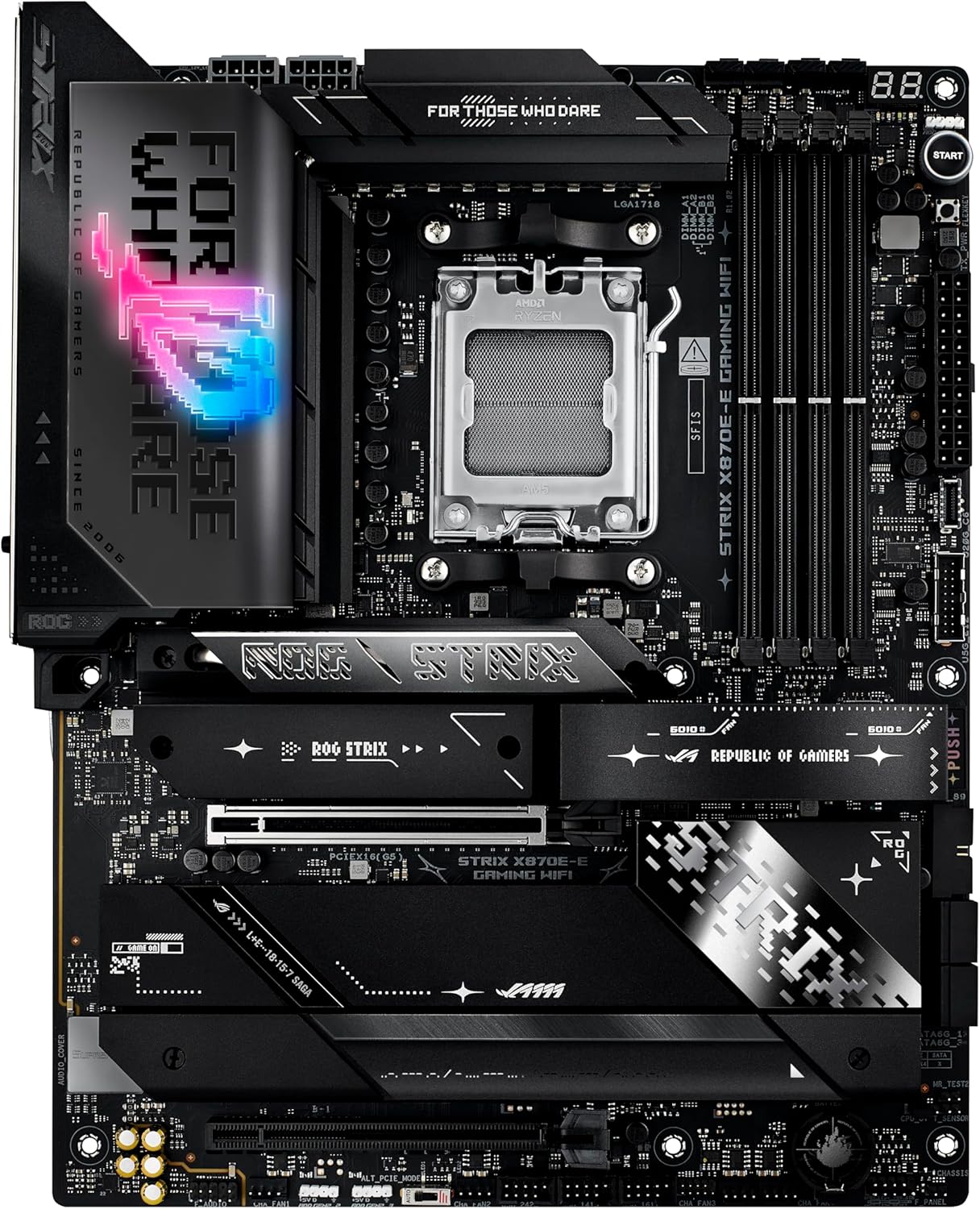 ROG Strix X870E-E Gaming WiFi Scheda madre AMD, 18+2+2 stadi di alimentazione, slot DDR5, cinque slot M.2, PCIe 5.0, GPU di nuova generazione, WiFi 7, USB 20G con PD 3.0 fino a 30W, Aura Sync