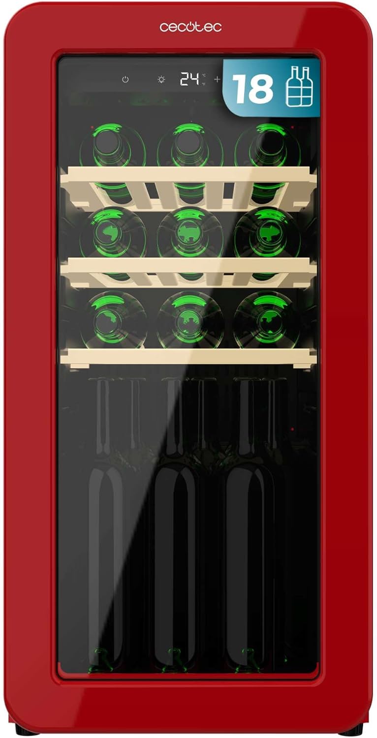 Cecotec Cantina 24 Bottiglie Retro Bolero Grandsommelier Origin 24 Hit Beige, Finitura Beige, Controllo schermo LED, Temp, 5-20oC, NoFrost, Ripiani in legno, Illuminazione interna, Ventilazione
