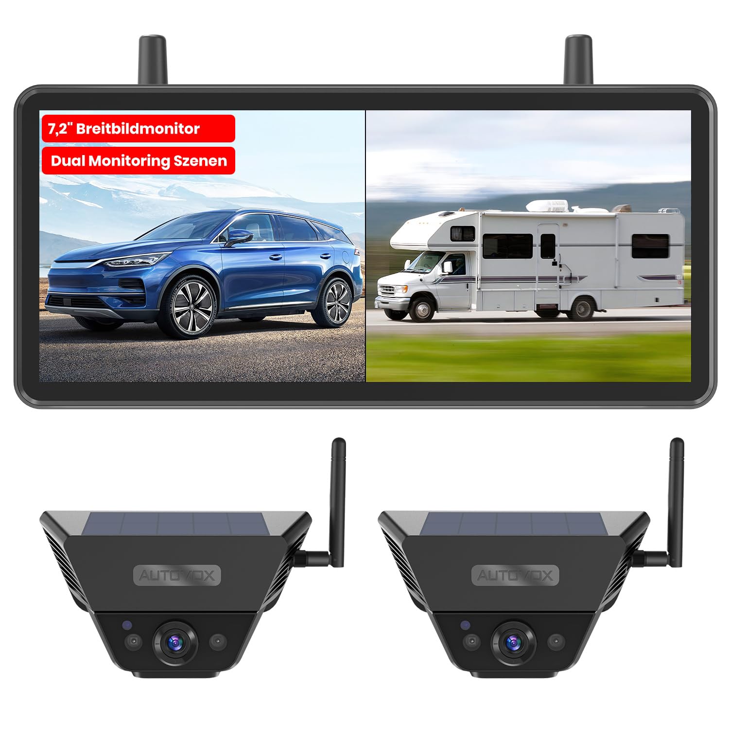 Magnetische Solar-Rückfahrkamera kabellos mit 7-Zoll-Monitor, 130° Weitwinkel und DVR-Aufnahme