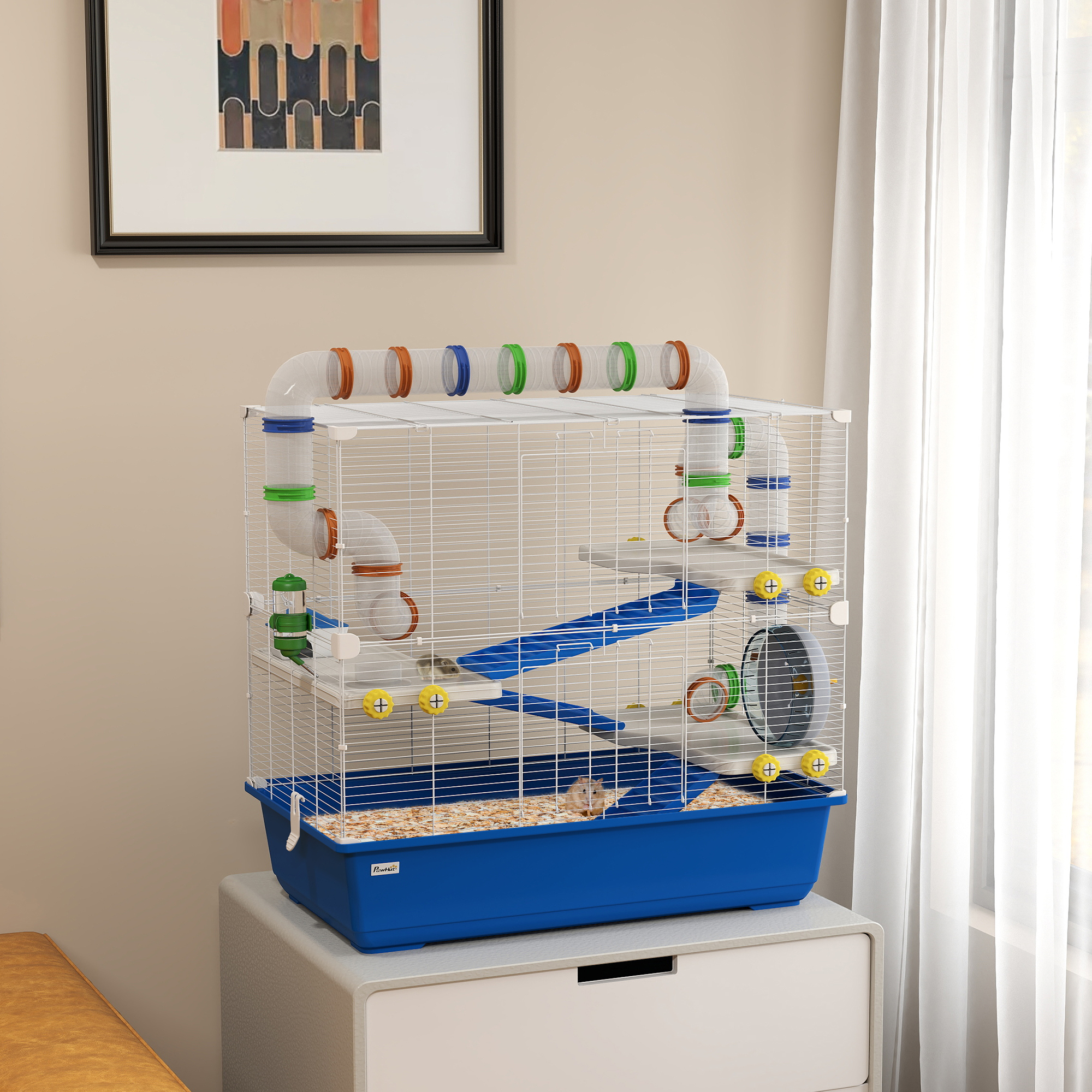 PawHut Hamsterkäfig mit 4 Ebenen, Kleintierkäfig mit Tunnelsystem, Hütte, Laufrad, für Zwerghamster, 78 x 45 x 73 cm, Blau