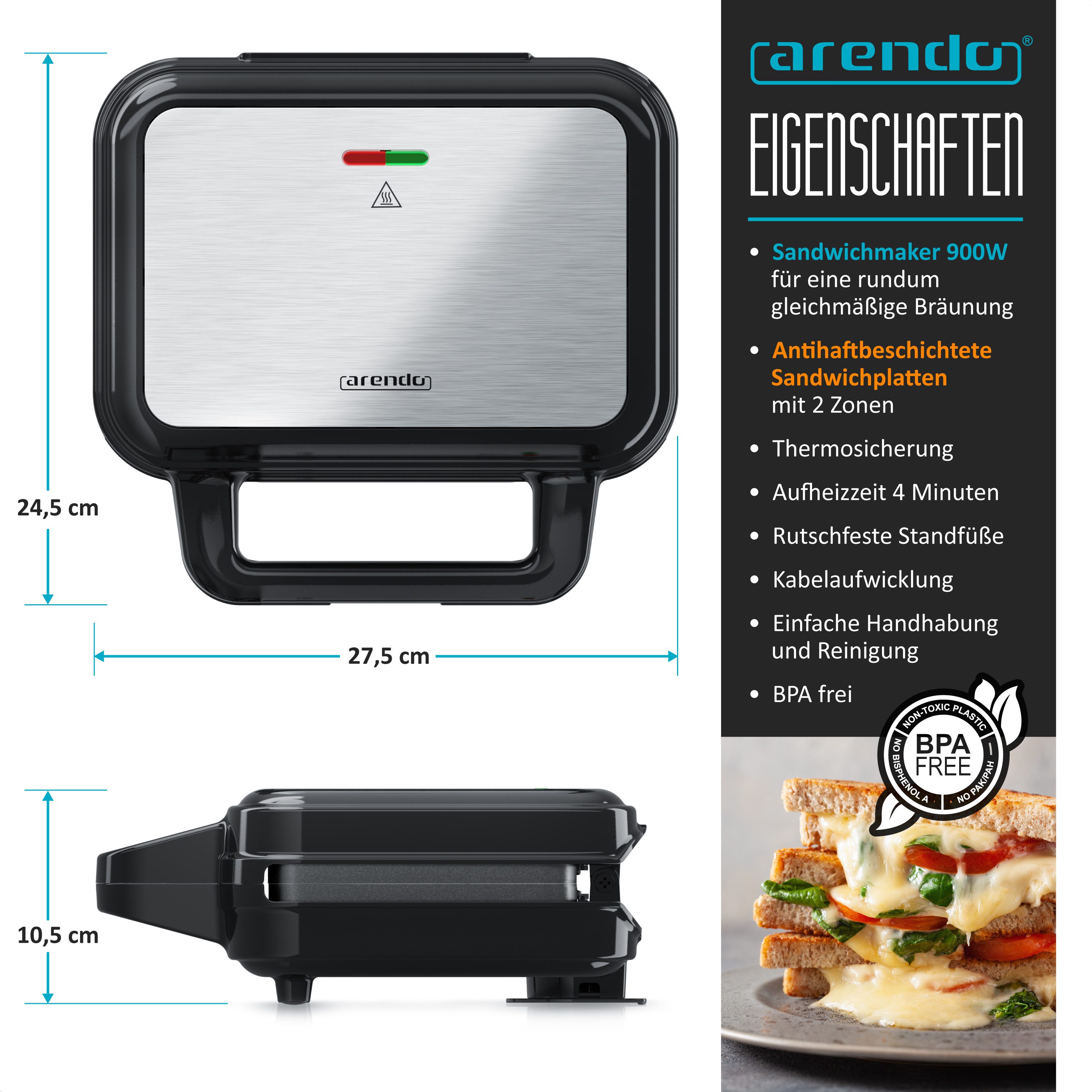Sandwichmaker Sandwich Maker, Temperaturkontrolle, Cool Touch Griffe, Anti-Rutsch-