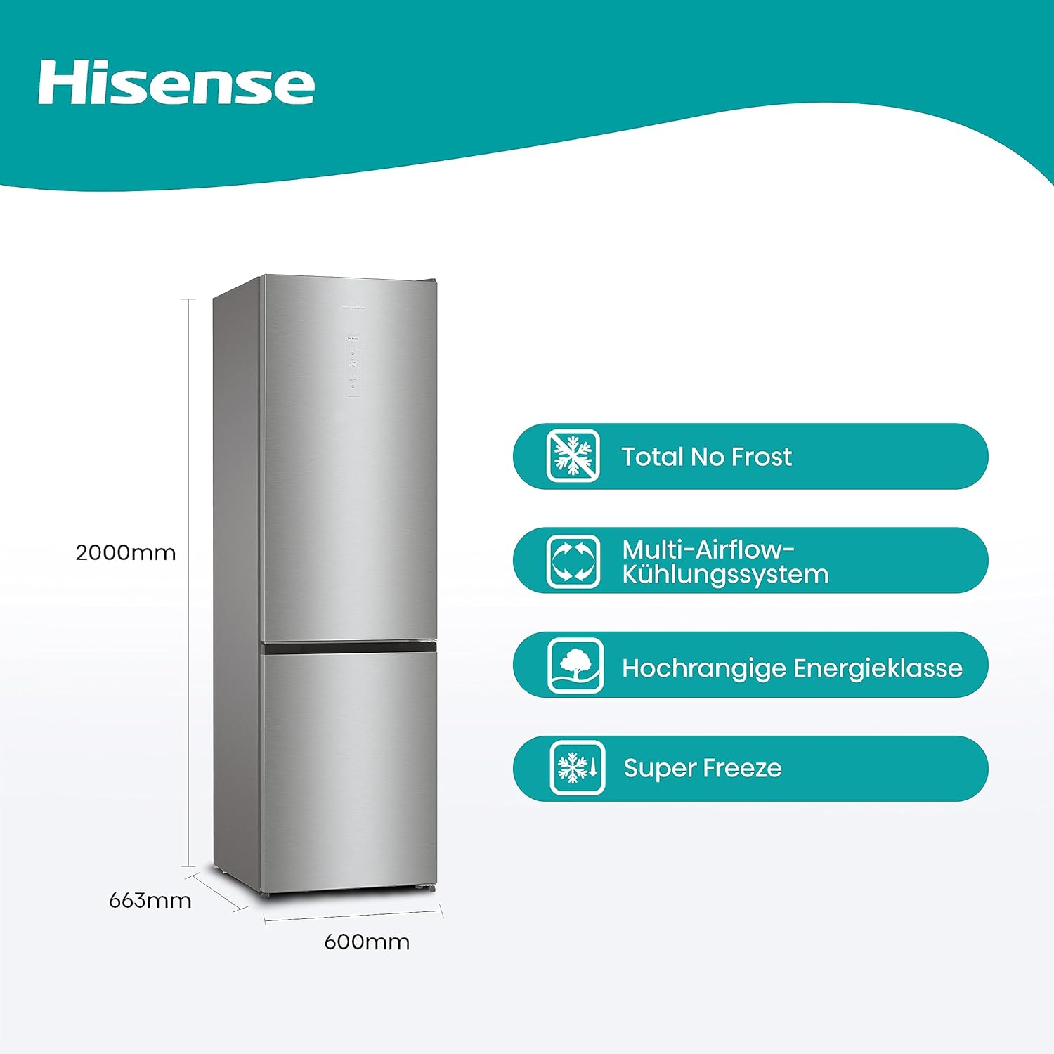 Hisense RB327N4ADD Fridge-Freezer Combination, EEK D, Total NoFrost, Interchangeable Door Hinge, Bottle Grid, 171 Litre Fridge Compartment, 85 Litre Freezer Compartment, Stainless Steel Look