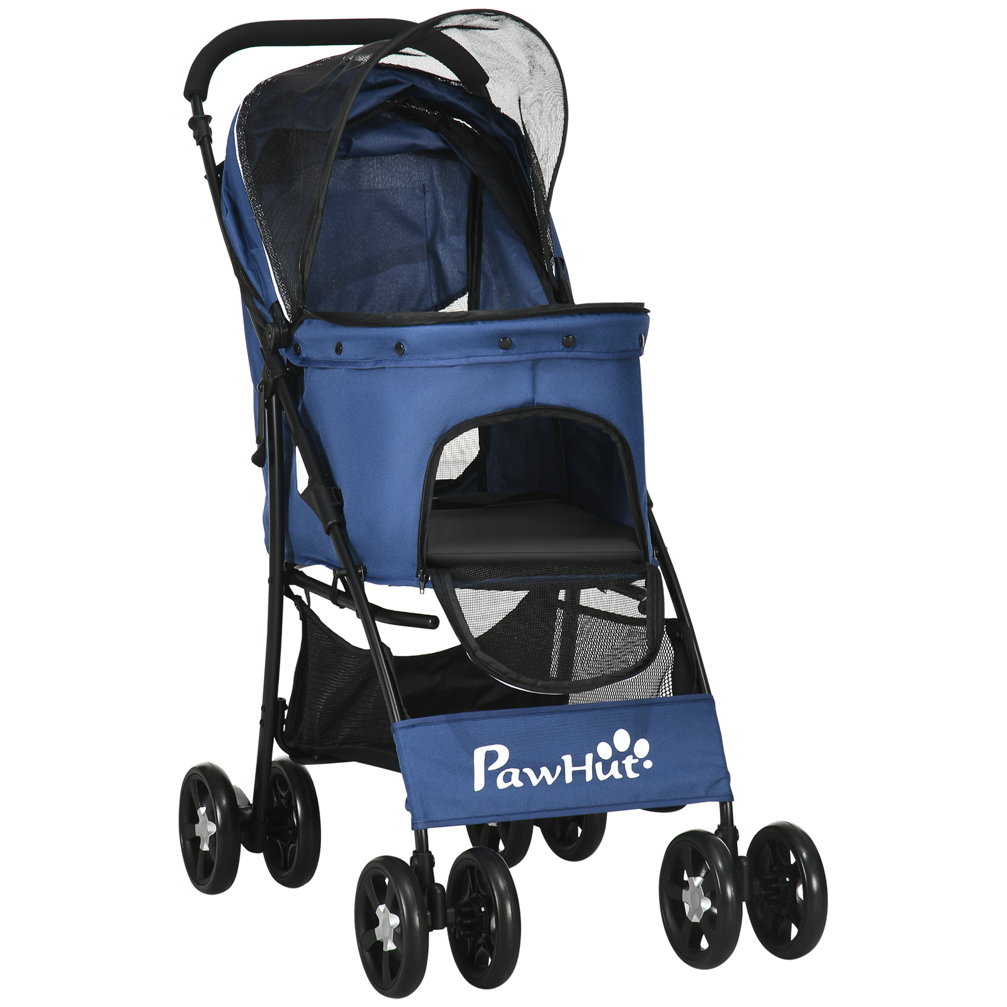 PawHut Hundewagen bis 10kg klappbar Bodenkorb Kissen verstellbares Vordach Seitentasche 81 cm x 48 cm x 99 cm Grau