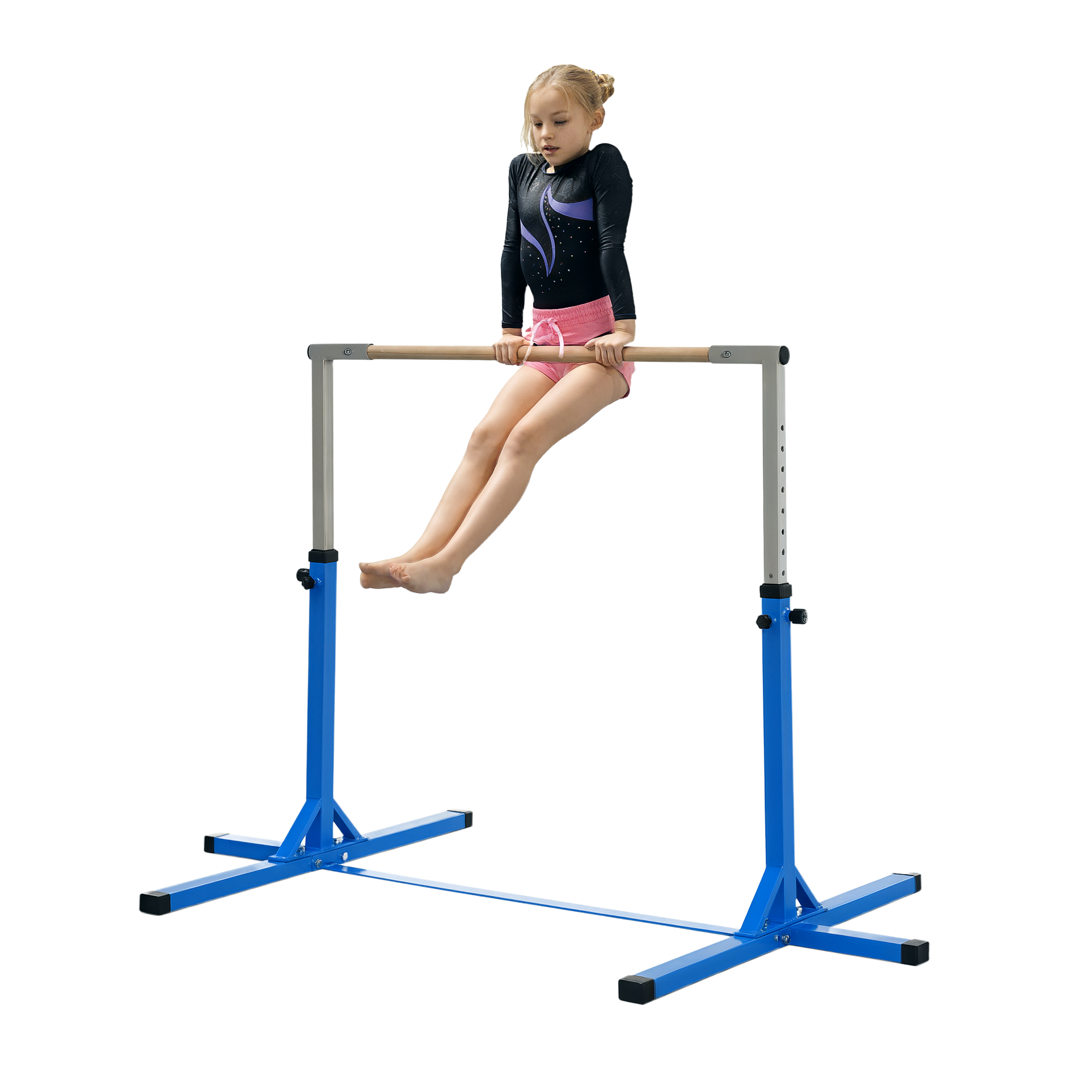 HOMCOM Gymnastik-Turnreck, 13-stufig höhenverstellbar Reckstange, Reck Turnstange aus Holz & stabile Stahlkonstruktion bis 75 kg belastbar, für 3+ Kinder, Indoor, Outdoor, Blau