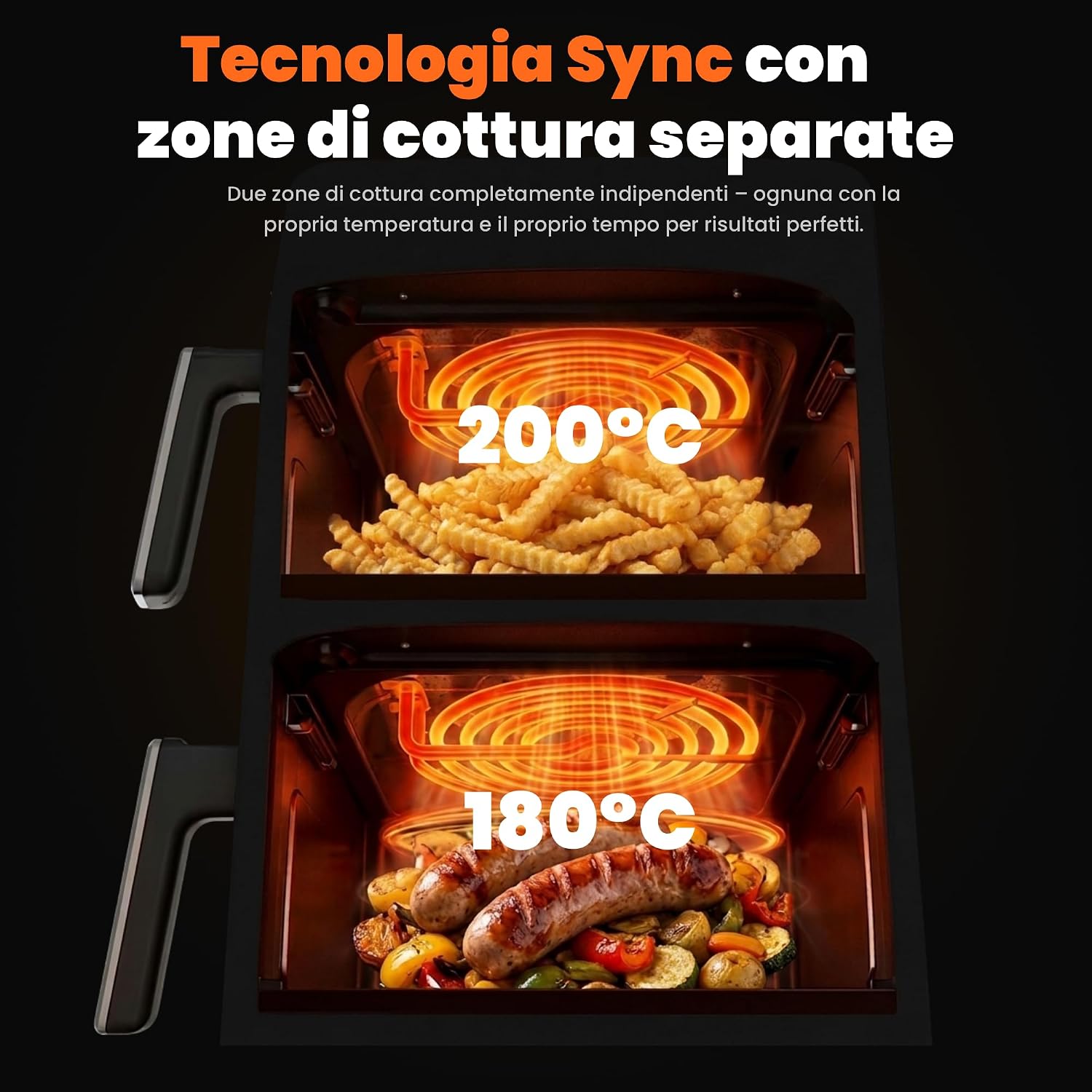 Friggitrice ad Aria Doppia XXL 11L con 2 Camere Verticali, Smart Finish & Sync, Luce Interna, Oblò in Vetro, 6 Programmi Automatici, Funzione Grill, Touchscreen.