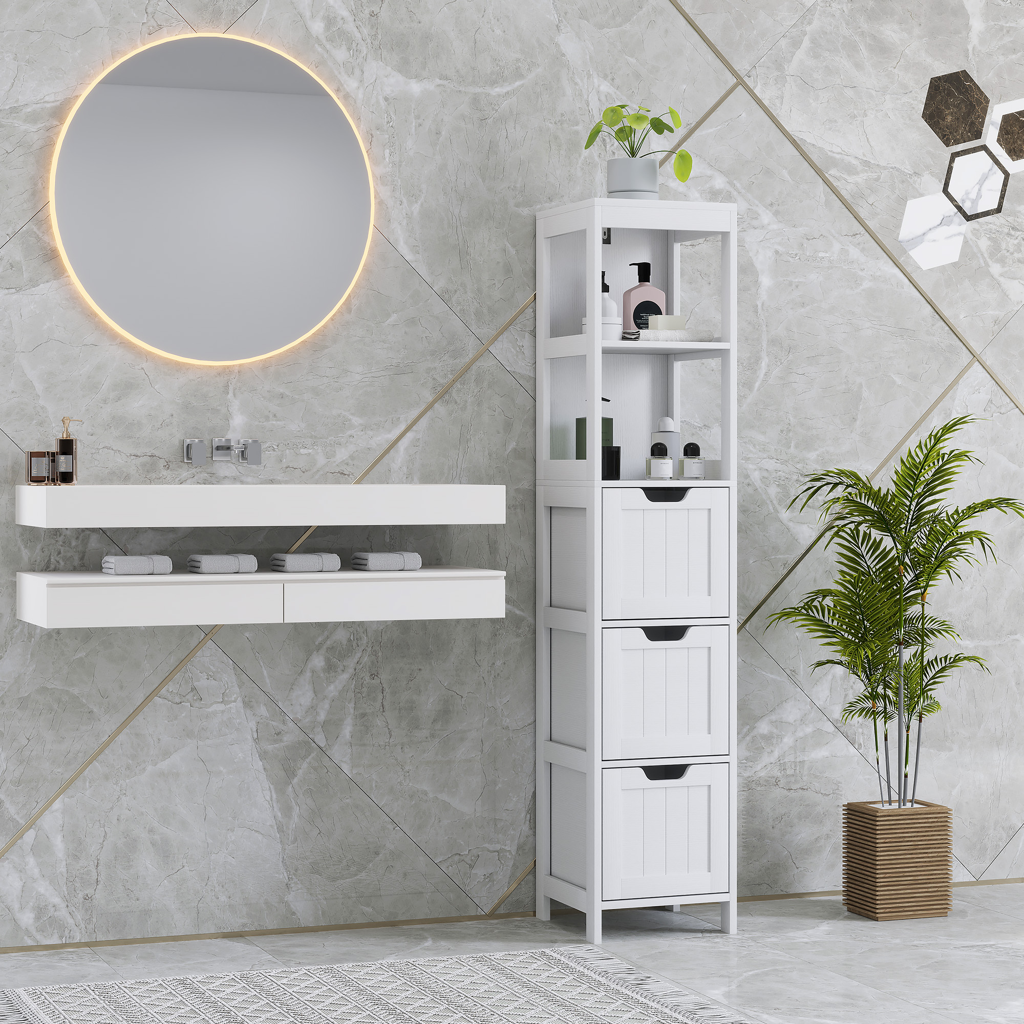 HOMCOM Badezimmerschrank, 2 Regale, 3 Schubladen, wasserabweisendes Material, Weiß