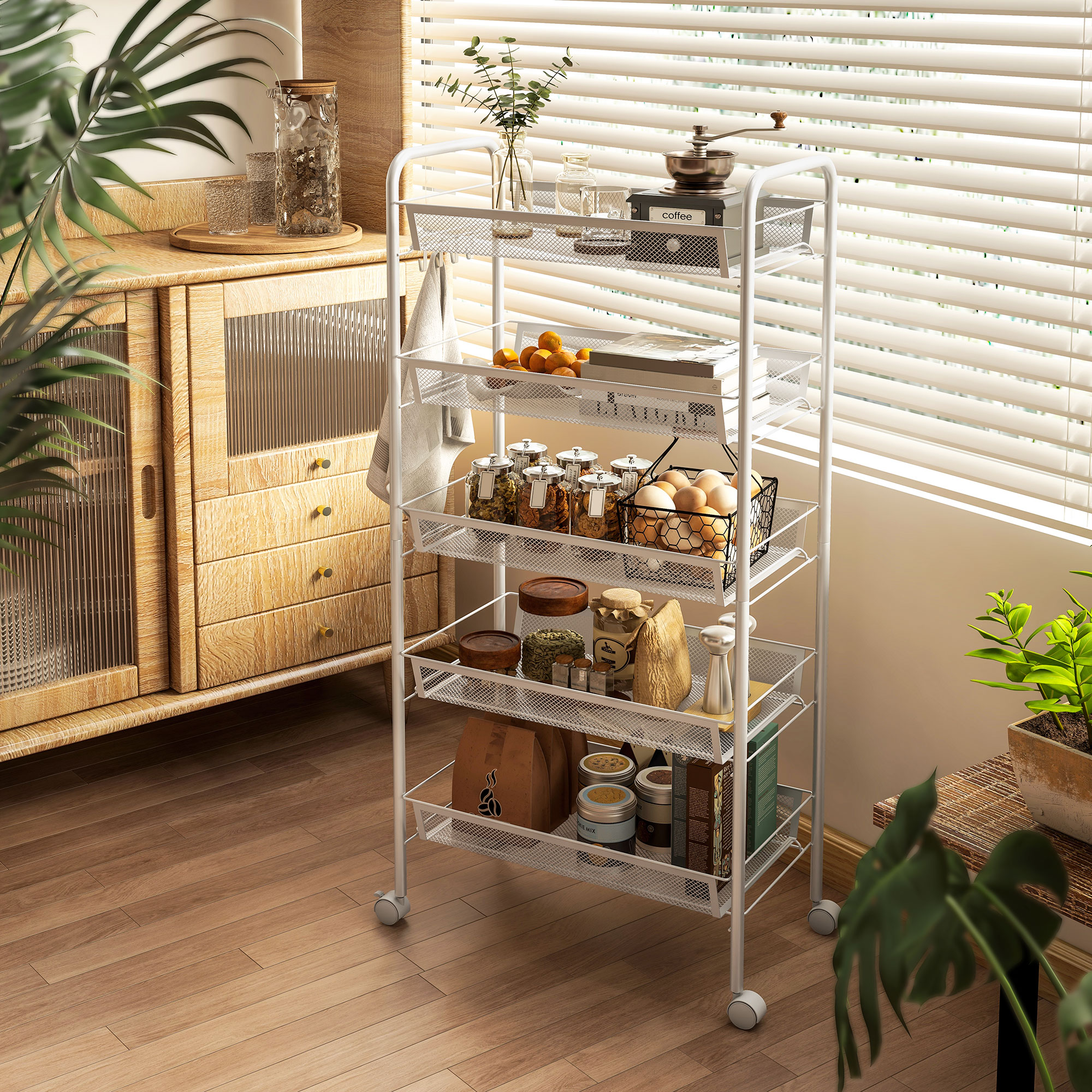 HOMCOM Küchenwagen mit 5 Drahtkörben aus Stahl, 45x26,5x106 cm, Weiß