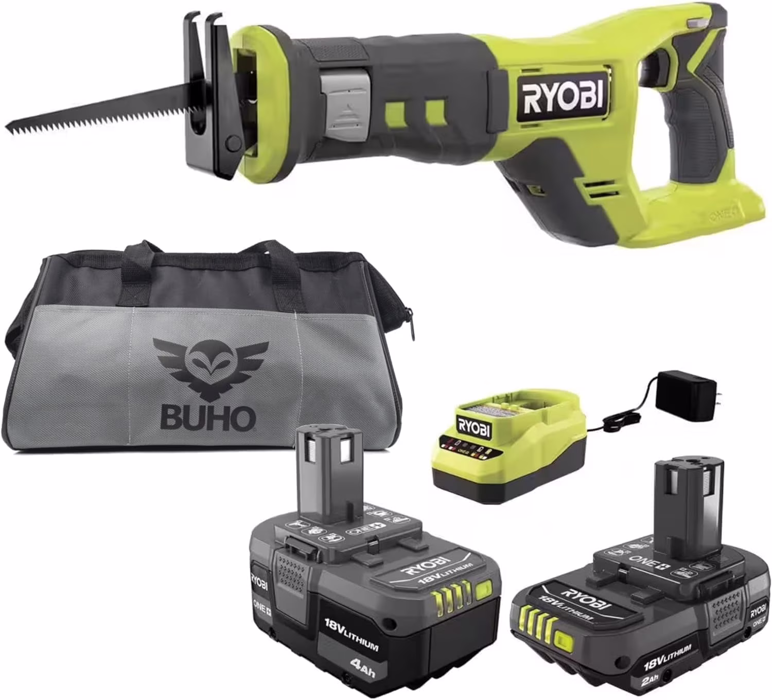 Cordless Reciprocating Saw Bundle with Ryobi 18V Reciprocating Saw 4.0 Ah and 2.0 Ah Battery 18-Volt Lithium-Ion Charger 16 Inch Buho Tool Bag