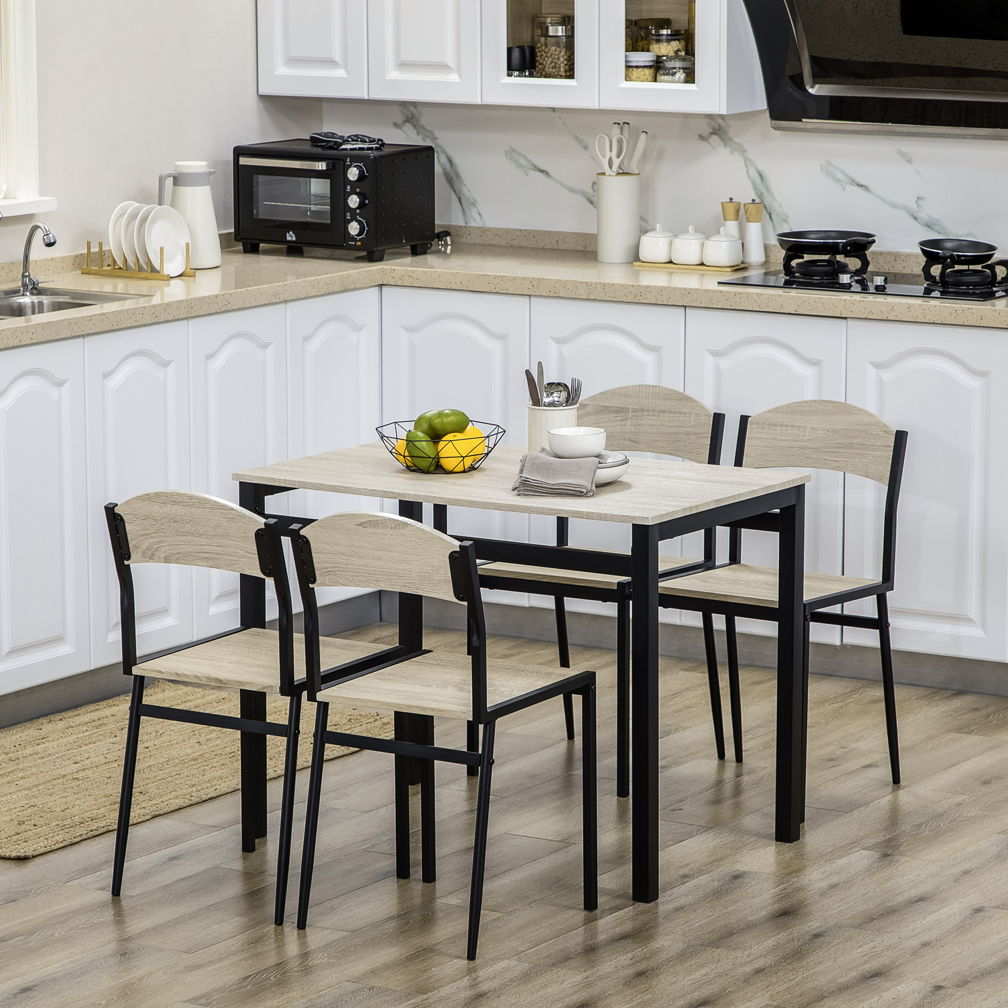 HOMCOM Essgruppenset mit rechteckigem Tisch und 4 Stühlen aus Stahl und MDF, Schwarz und Eiche