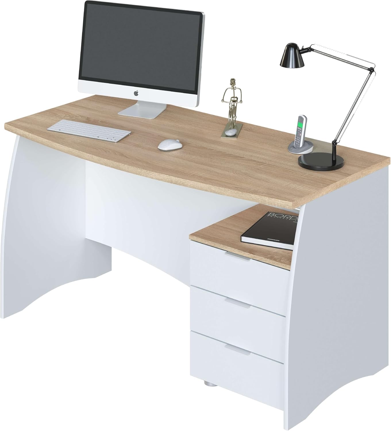 Habitdesign Tavolo da ufficio con 3 cassetti, tavolo da ufficio o studio, moo Stil, finitura in Balnco Artik e Rovere Canadian, dimensioni: 136 cm (larghezza) x 67 cm (fondo) x 74 cm (altezza)