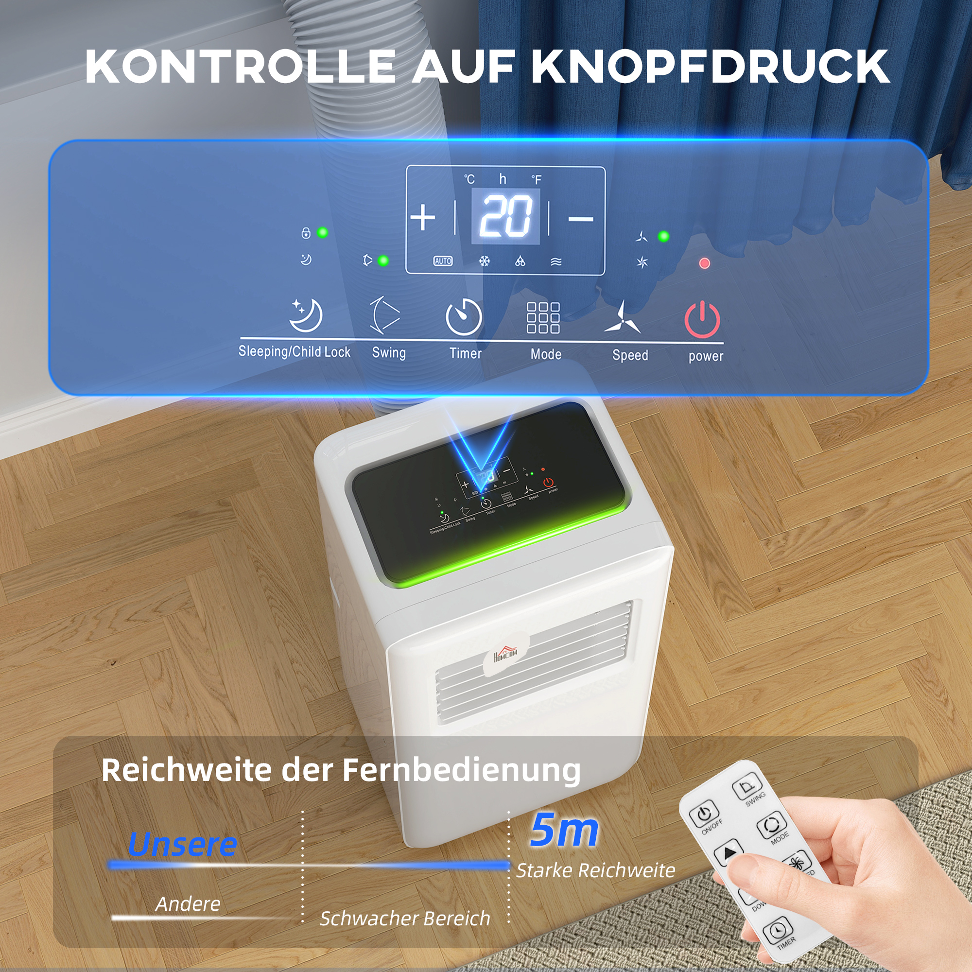 Draagbare Airconditioner met Meerdere Standen, LED-Display, Timer en Wielen, Wit