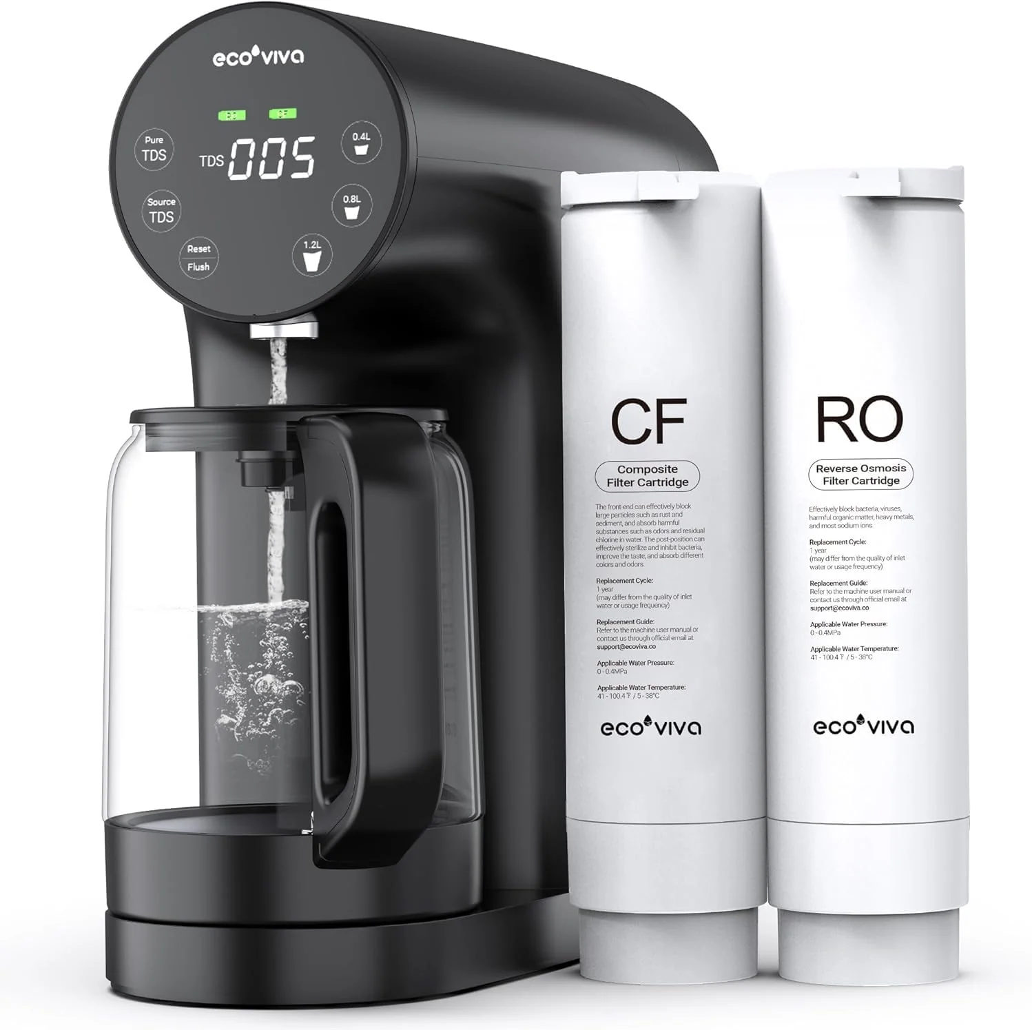 Ecoviva Monitor, Schwarz, Auftisch Osmoseanlage, Trinkwasser Umkehrosmoseanlage mit 5-stufige Filtration, Echtzeit-TDS