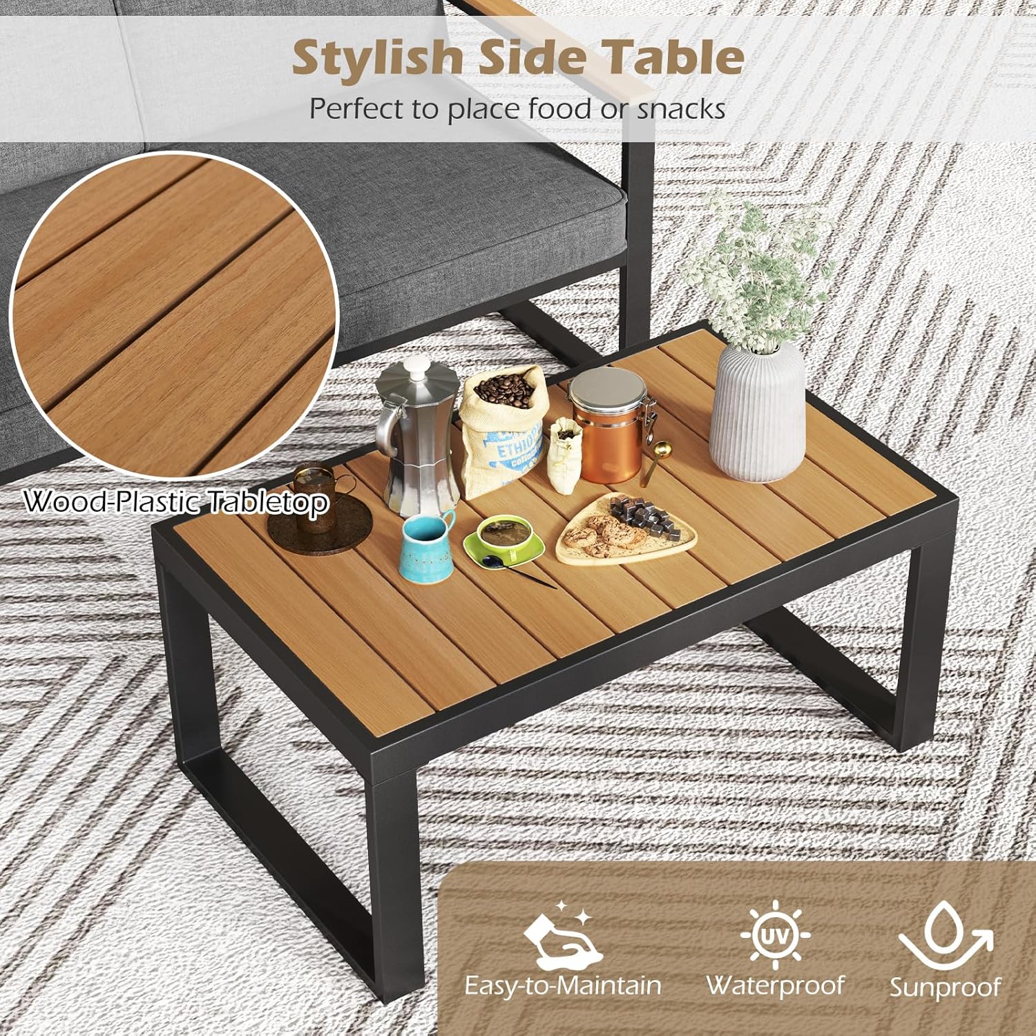 GIANTEX Set di mobili da giardino da balcone, resistente alle intemperie, con telaio in alluminio, set da 2 posti, divano e tavolino da caffè, con cuscino, set da balcone per 2 persone, set da