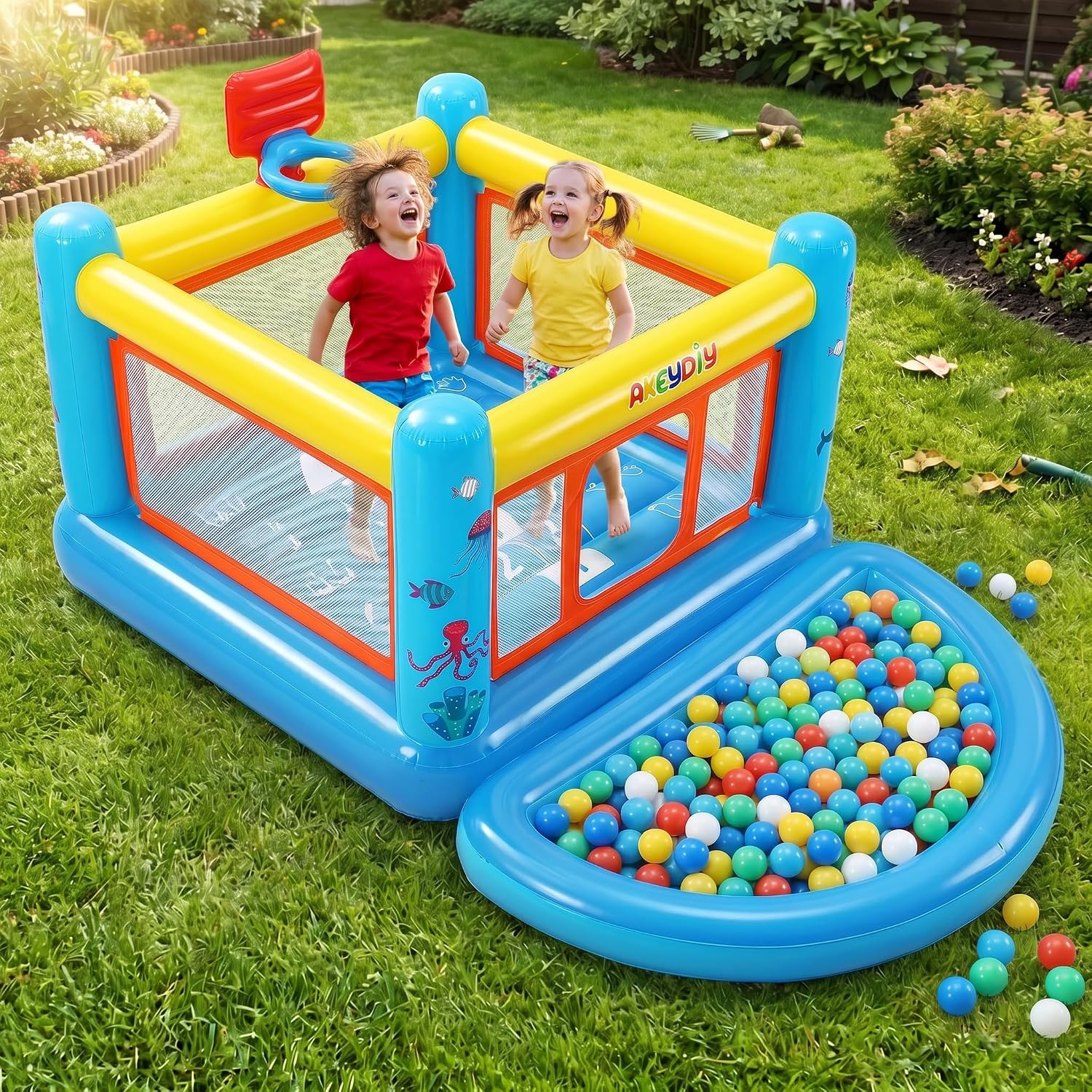 AKEYDIY Aufblasbare Hüpfburg für Kinder 3–6 Jahre, Kleine PVC Hüpfburg mit Basketballkorb & Hüpfspiel für Innen- und Außenbereich (4 in 1)