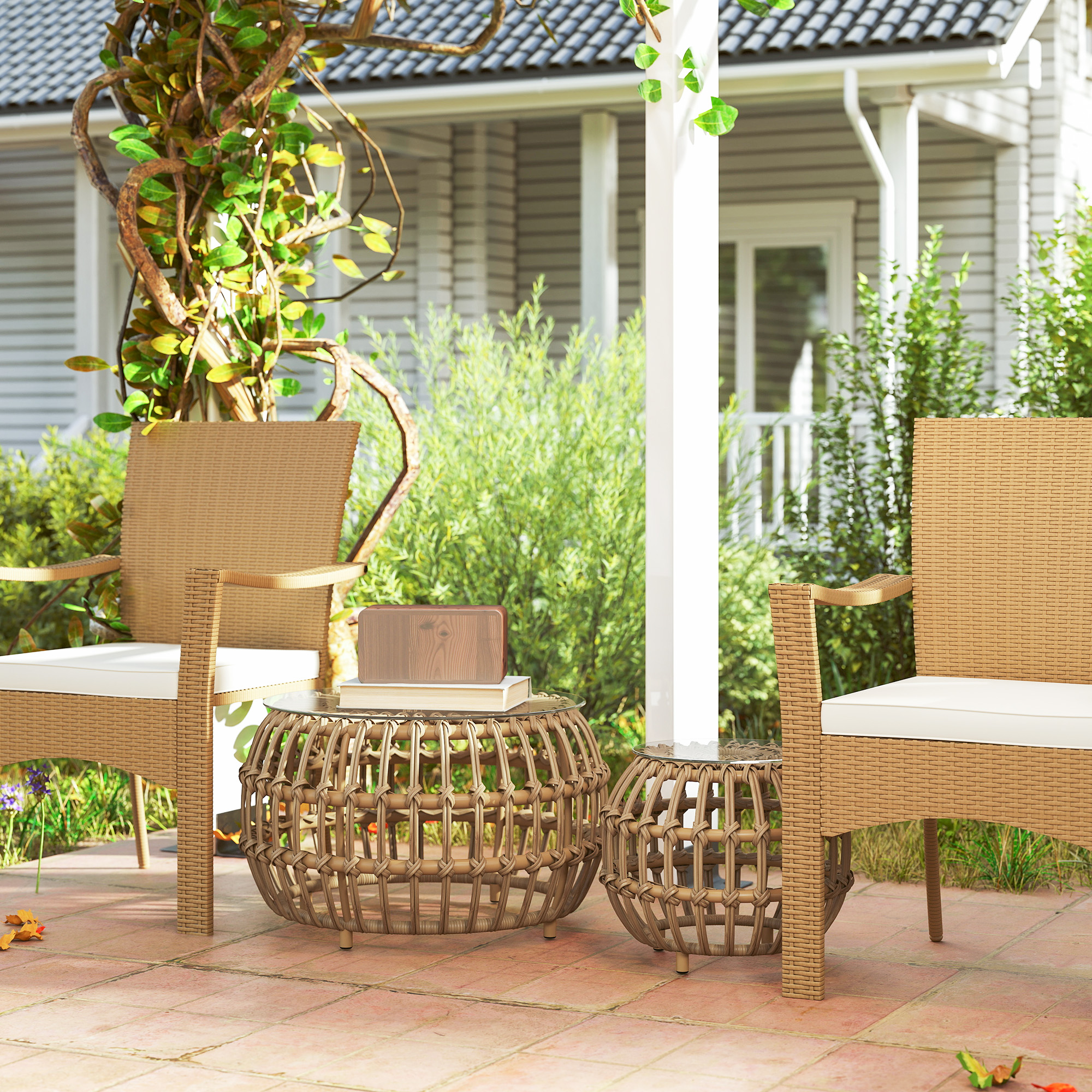 Outsunny 2-delige Set Bijzettafels Polyrattan Ø66/42 cm Rond Weerbestendig met Glazen Blad - Bruin