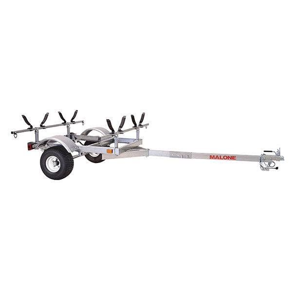 Kit rimorchio per kayak Malone LowMax 2, capacità 274 kg, acciaio zincato, luci a LED, pneumatici con velocità nominale di 112 km/h.