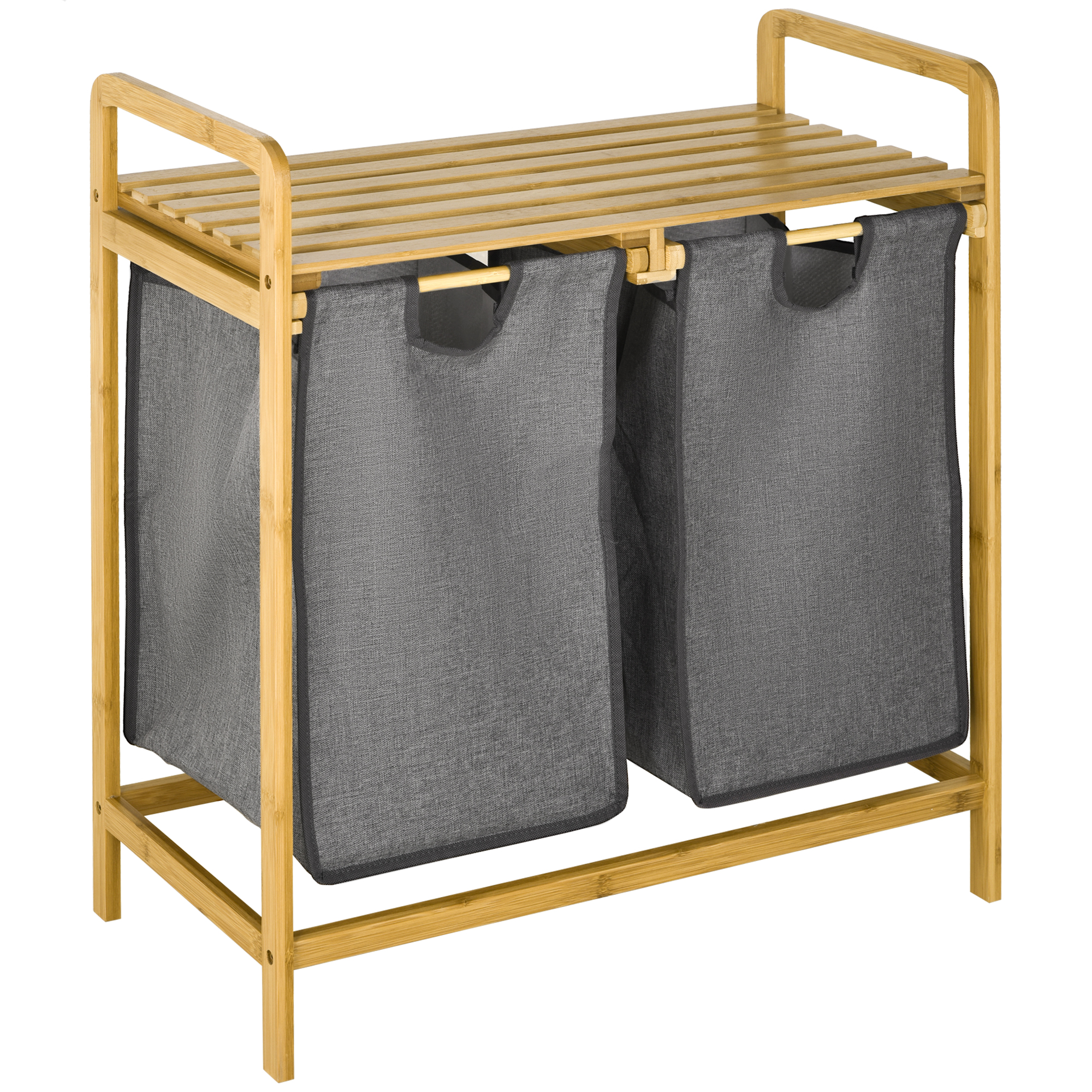 HOMCOM Wäschesammler Wäschekorb, 2 Wäschesäcke, 2 Griffe, Bambus, 63,5 x 33 x 73 cm, Grau + Natur