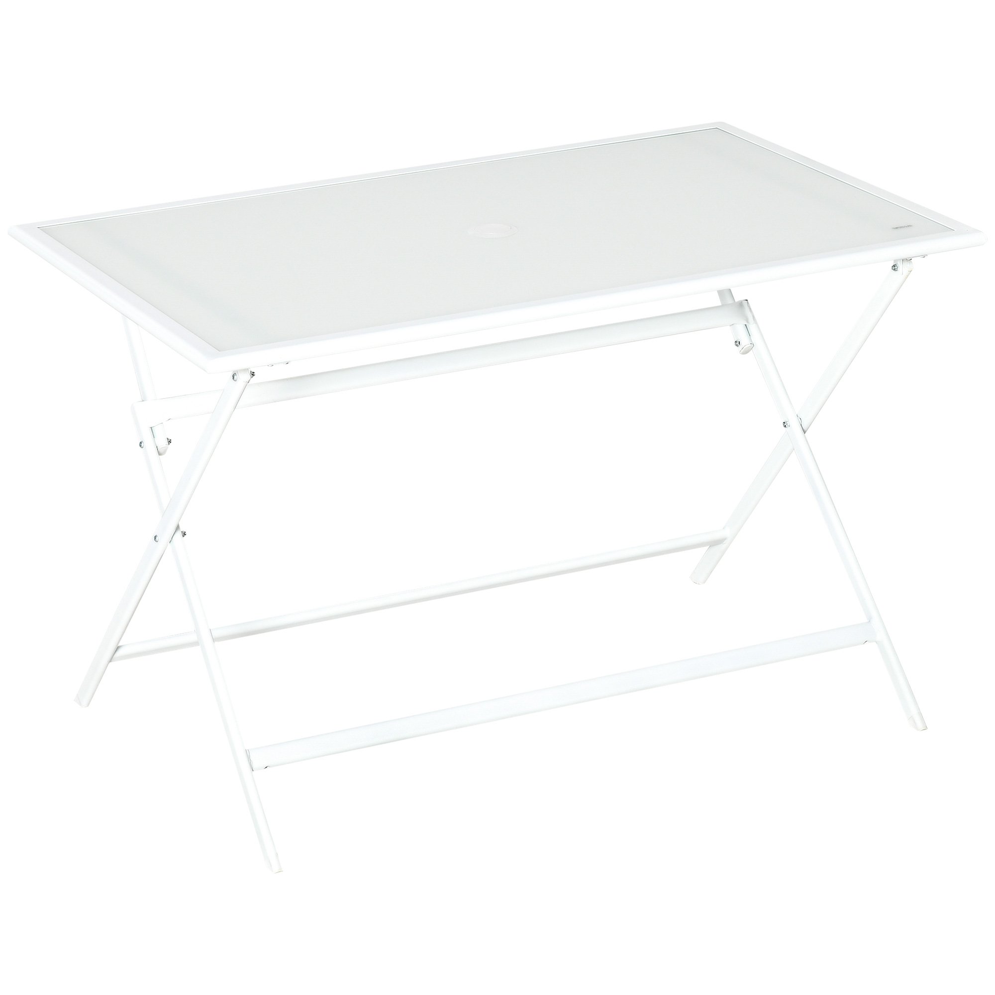 Outsunny Klapptisch Gartentisch mit Ø42mm Ø50mm Schirmloch Falttisch klappbar Beistelltisch Balkontisch Picknicktisch Esstisch Metall gehärtetes Glas Weiß 110 x 70 x 70 cm