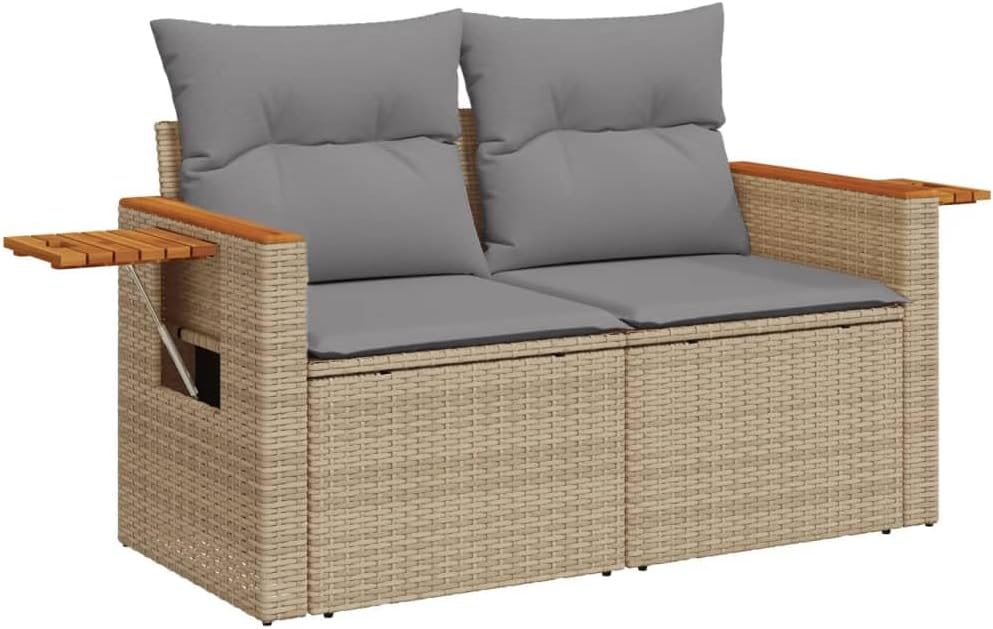 IKAYAA 2 Seater Outdoor Sofa with Storage Box Polyrattan Garden Lounge Polyrattan Outdoor Furniture Set with Cushions-Beige and Light Grey-2 Pieces