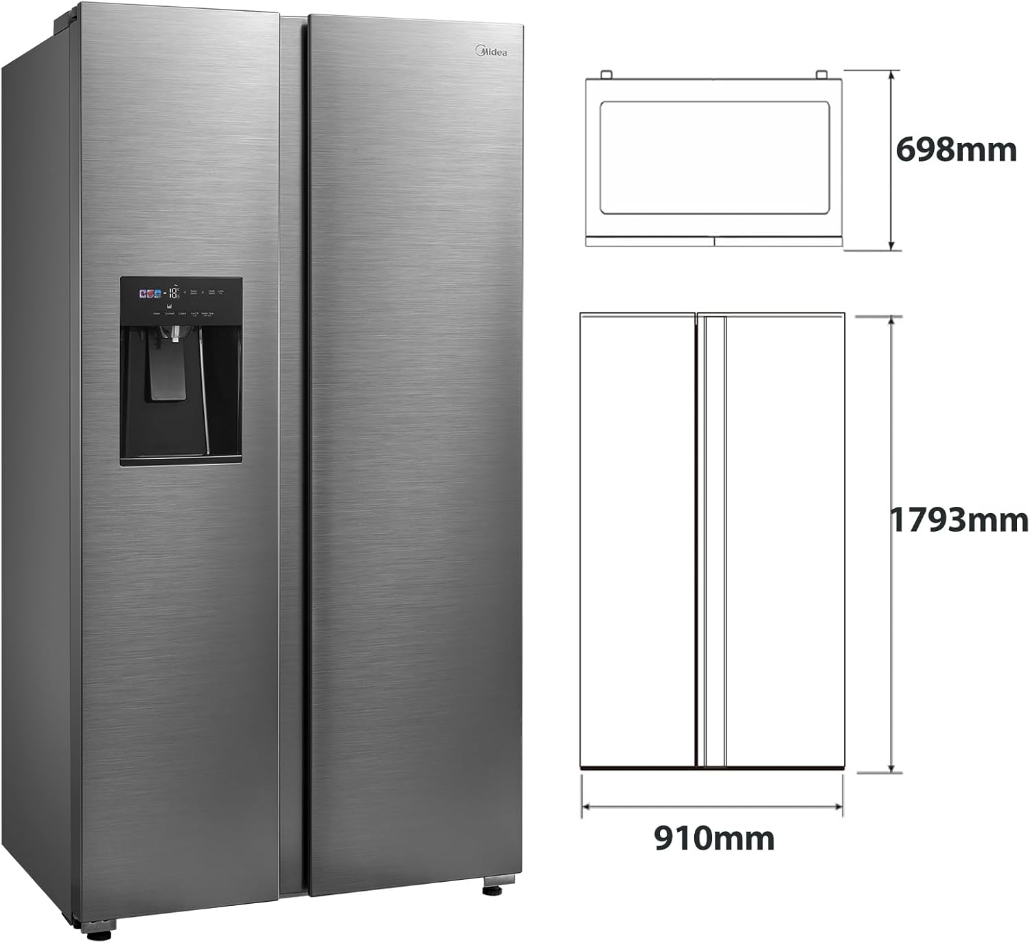 Midea KS-DDX 6.32 WT Side-by-Side Kühl-/Gefrierkombination/ 178,8 cm Hhe/ 254 kWh/Jahr/No Frost/Dual Inverter Compressor/mit 3in1 Wasser-/Eisspender und Wassertank, Dark Inox