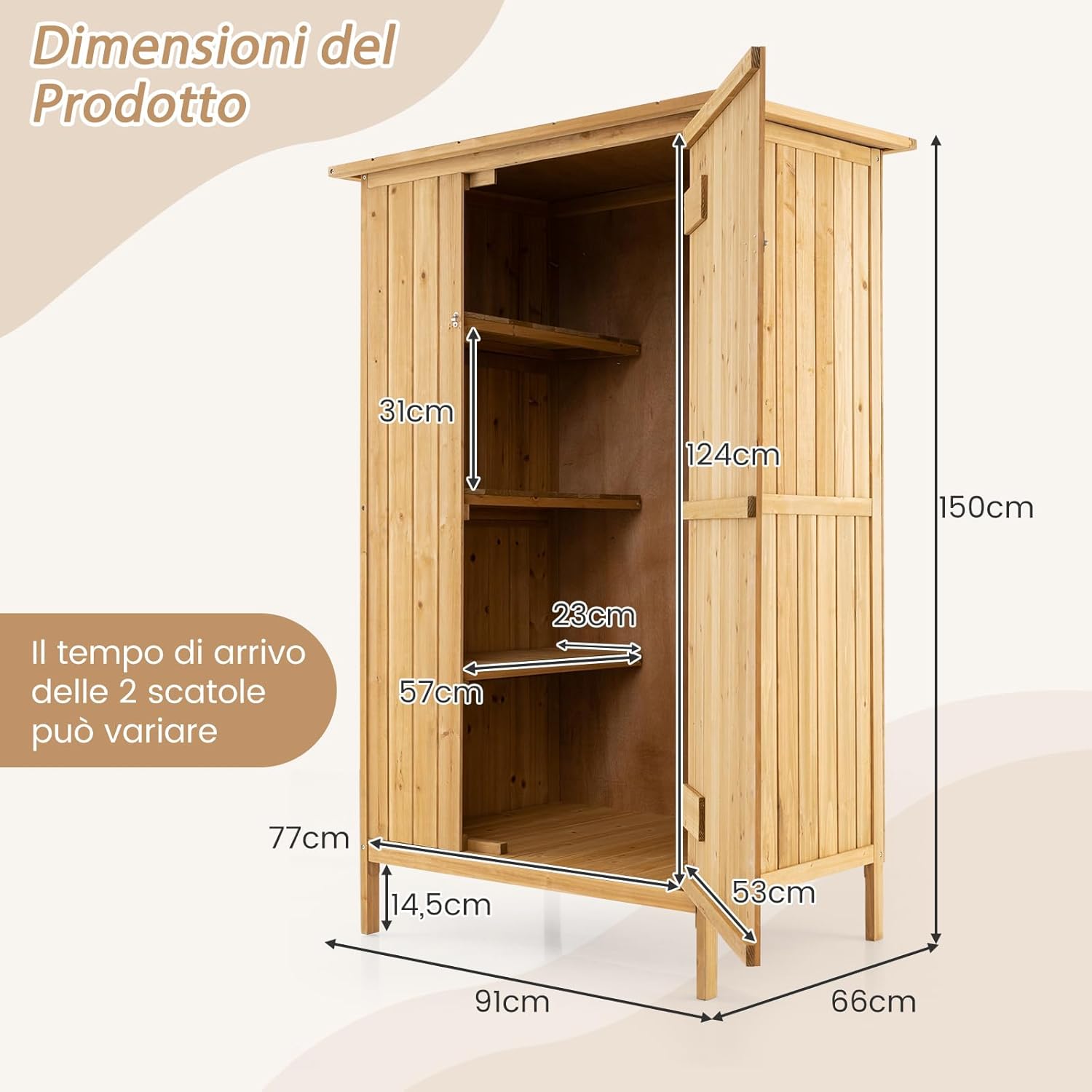 COSTWAY Armadio da Esterno, Casetta Porta Attrezzi da Giardino in Legno di Abete con Tetto in Asfalto, 3 Ripiani, Porta con Serratura e 5 Ganci, Ripostiglio per Balcone e Cortile, 91 × 66 × 150 cm
