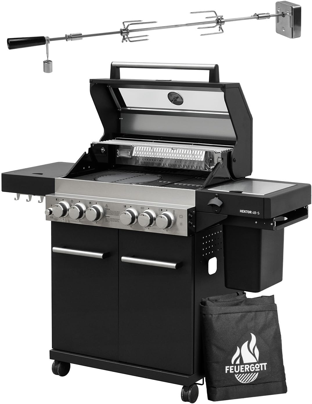 Gasgrill Hektor 4B-S inkl. Drehspieß und Abdeckhaube mit 4 Brennern, Sear-Brenner, Gusseisen-Grillrost, Heckbrenner, Seitenkocher, Sichtfenster und Thermometer für Garten und Terrasse