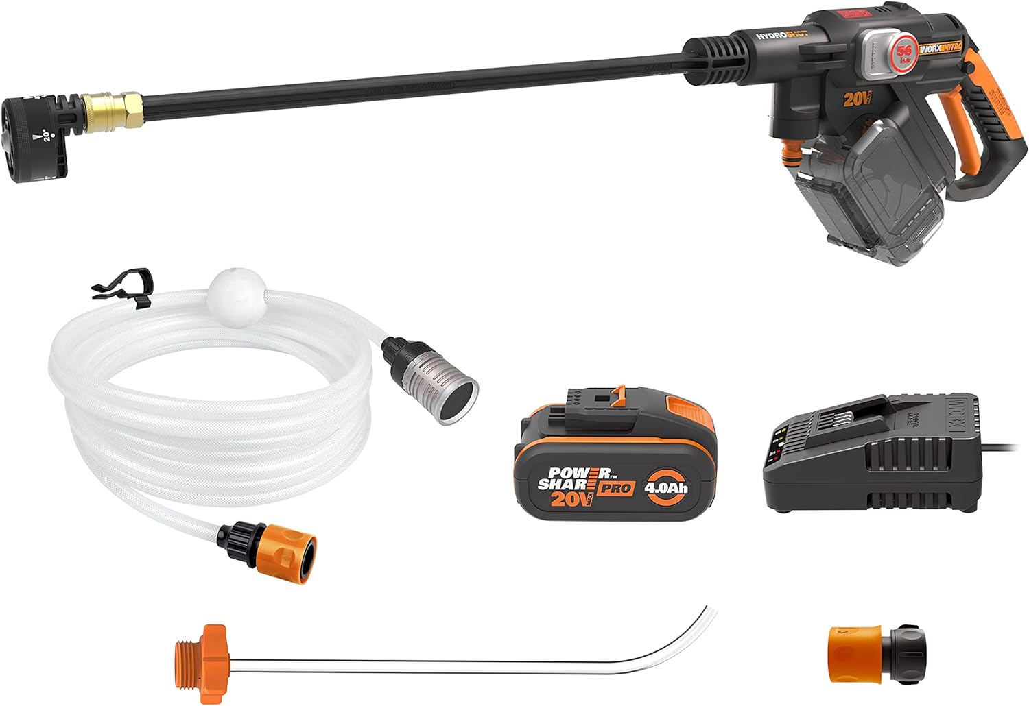 WORX WG633E Hydroshot Akku-Hochdruckreiniger 20V - 56 Bar Max. Druck - multifunktional zur Reinigung & Bewässerung - leistungsstarker bürstenloser Motor - 5-in-1 Druckdüse - inkl. 4Ah Akku & Ladegerät