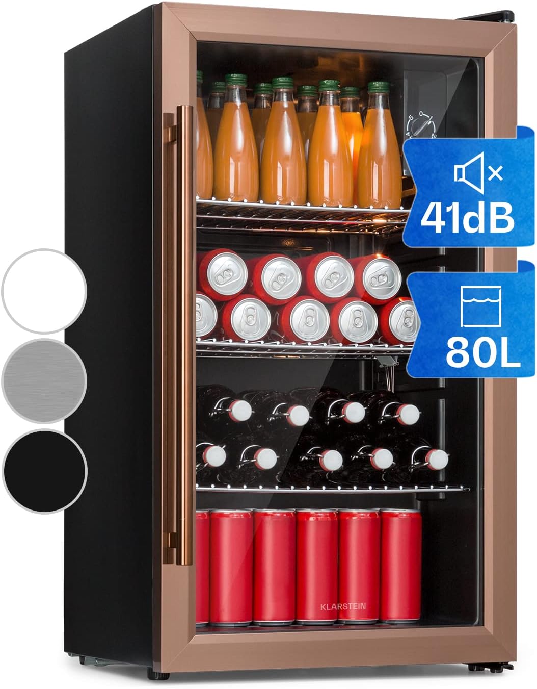 Klarstein XXL Mini Kühlschrank mit Glastür & LED, für Zimmer, Getränkekühlschrank Klein mit 3 Ablagen, 80L, Indoor/Outdoor, Leise & Wetterfest, 3-10°C
