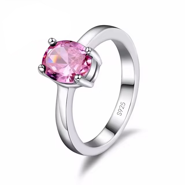 Pink Silver Oval-Shaped Clear Stone Ring