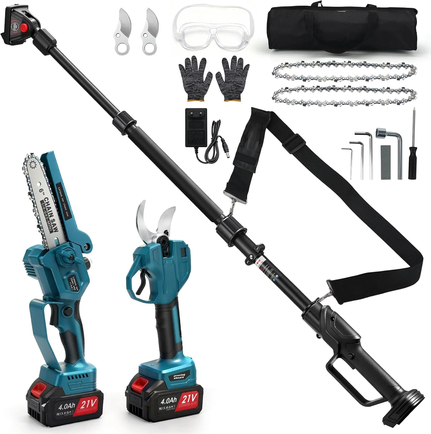 4 in 1 Akku Astschere Mini Kettensäge Teleskop mit 2x4Ah Akkus, Bürstenlos Motor für Makita 18V, 55 mm Elektrische Gartenschere