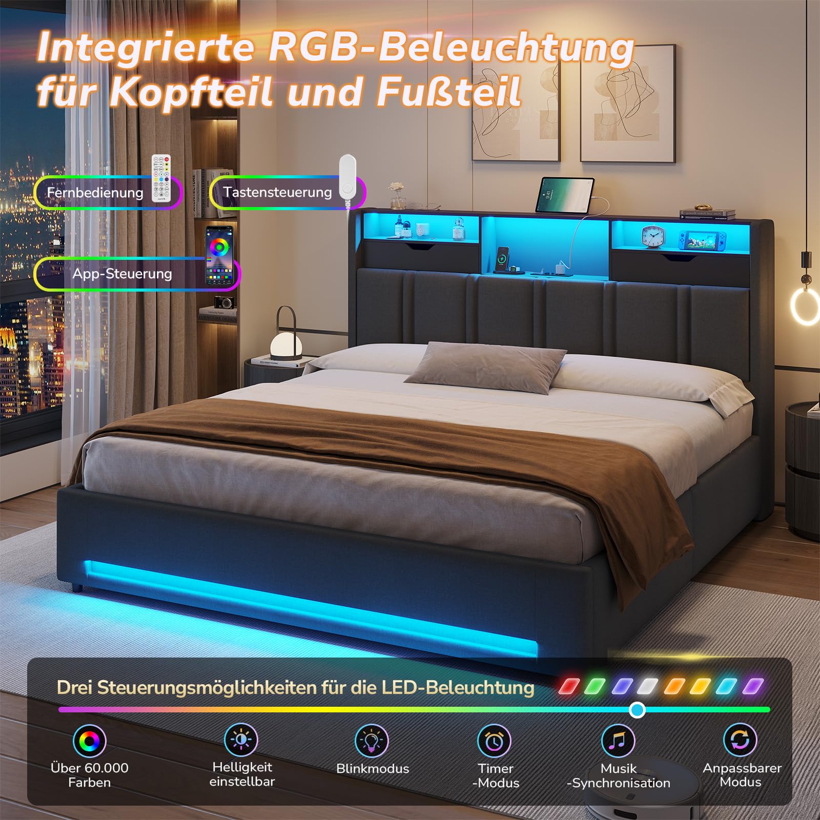 Polsterbett 180x200 cm mit LED-Beleuchtung, Bettkasten und USB-C-Ladestation inkl. Lattenrost