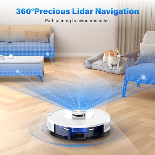 Tikom Robot Vacuum and Mop, L8000 Laser LiDAR Navigation Robotic Vacuum, 150Mins Max, 45dB, 14 No Go Zones, 20 Virtual Walls, Self Charging, Good for Pet Hair, Carpet, Hard Floor, White