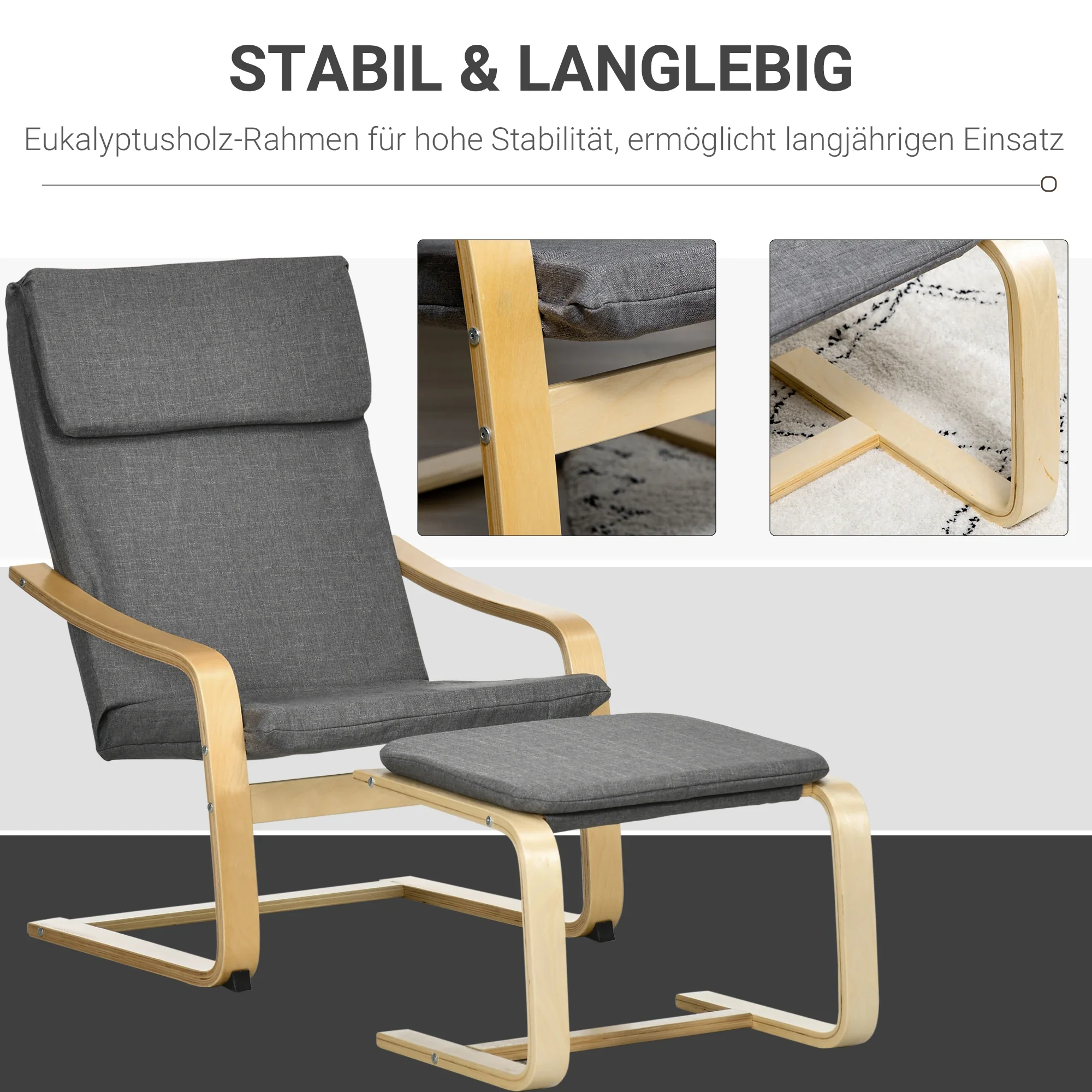 HOMCOM Relaxsessel mit Fußhocker, Leinenbezug Grau, 66,5×80×99 cm