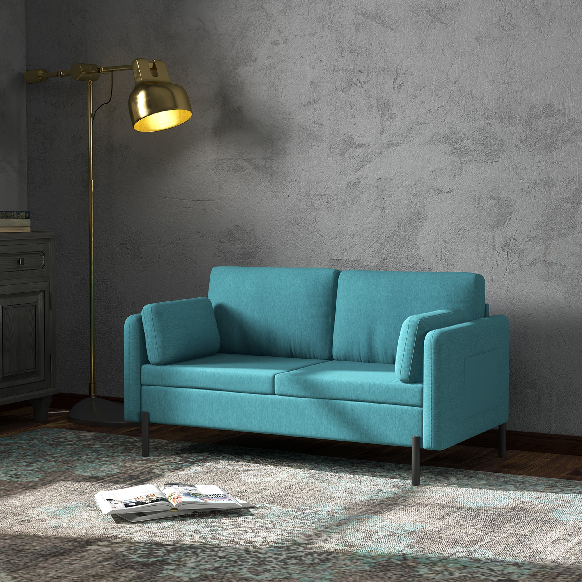 HOMCOM 2-Sitzer-Sofa im zeitgenössischen Stil mit 2 Taschen an den Armlehnen Stahlbeine mit Pulverbeschichtung Stoffbezug Leinenoptik blau