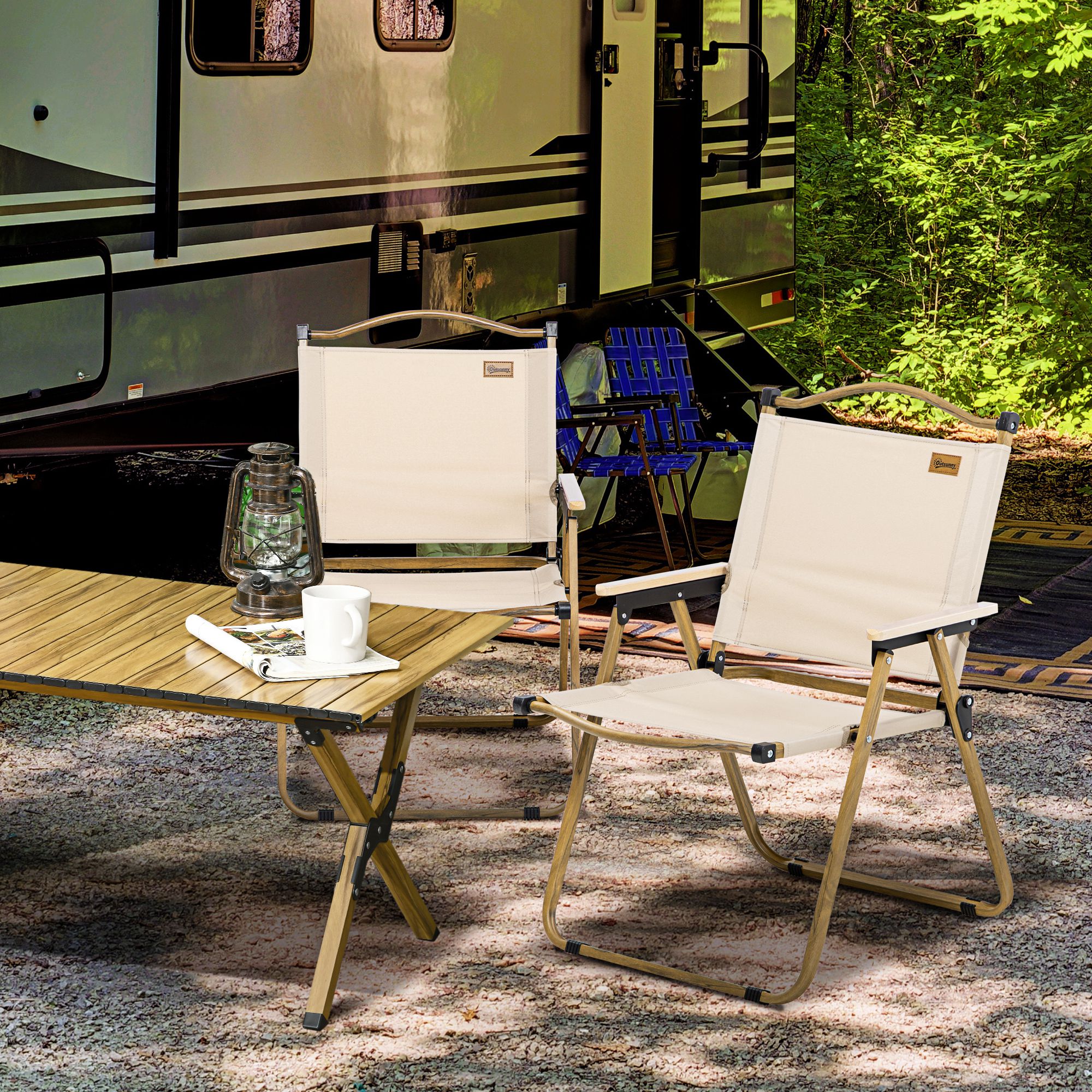 Outsunny Campingstühle, 2 x Strandstuhl, faltbar, Stahl, Holzoptik, Khaki