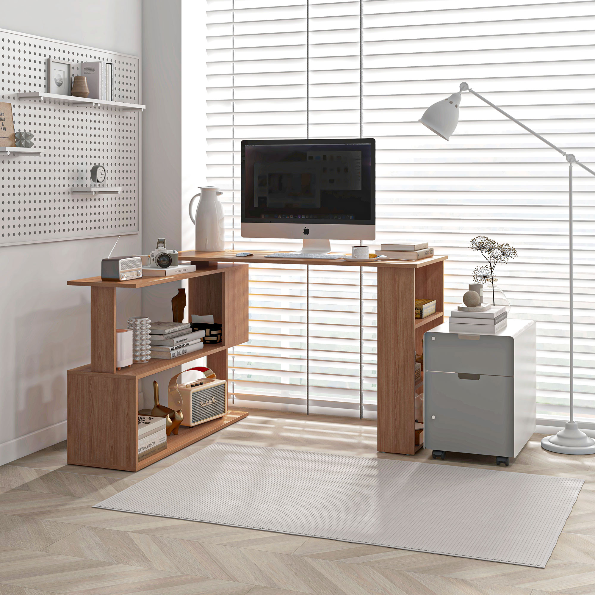 HOMCOM Eckschreibtisch für Computer PC mit drehbarem L-Design und 5 Regalen für Zuhause und Büro, Esstisch aus Holz, 120x110x74.5 cm