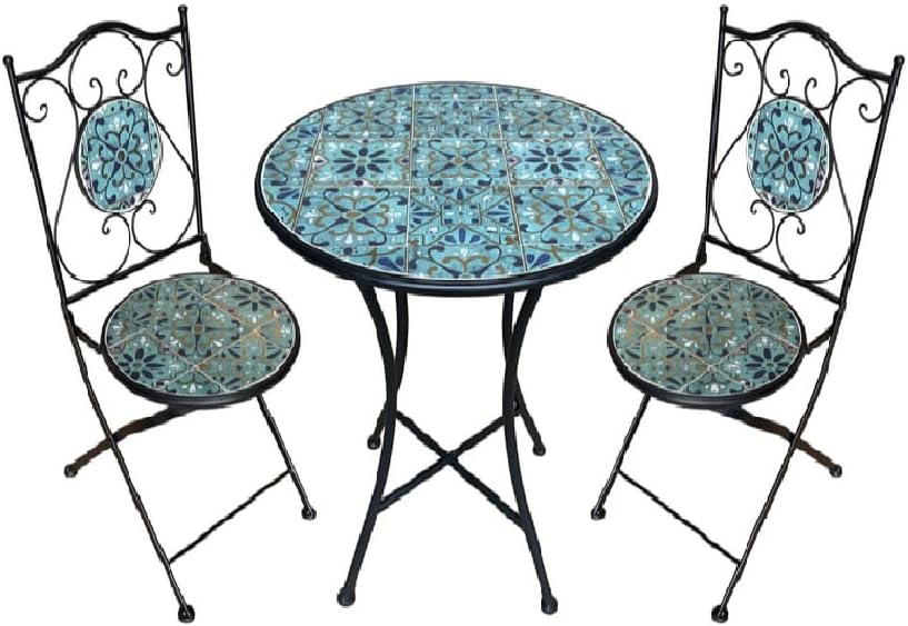 Set of Round Table with 2 Chairs in Metal and Ceramic Mosaic Garden Furniture Blue Sea Terrace Balcony Bar Pub Hotel