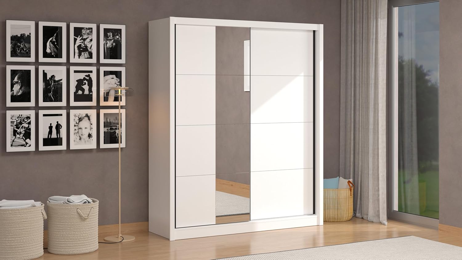 Modern Wardrobe in White MDF 2 Sliding Doors with Mirror 180 x 59.8 x 215.5 cm