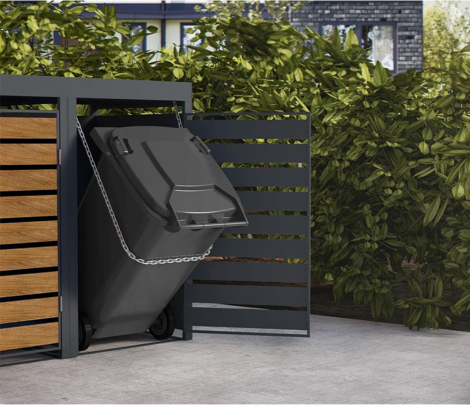 Metzler Mülltonnenbox 2er 240L in Anthrazit & Holzoptik mit Pflanzdach & Sichtstreifen, Mülltonnenverkleidung 2 Tonnen mit Automatikdeckel, Müllbox mit pulverbeschichtetem Stahl rostfrei, abschließbar