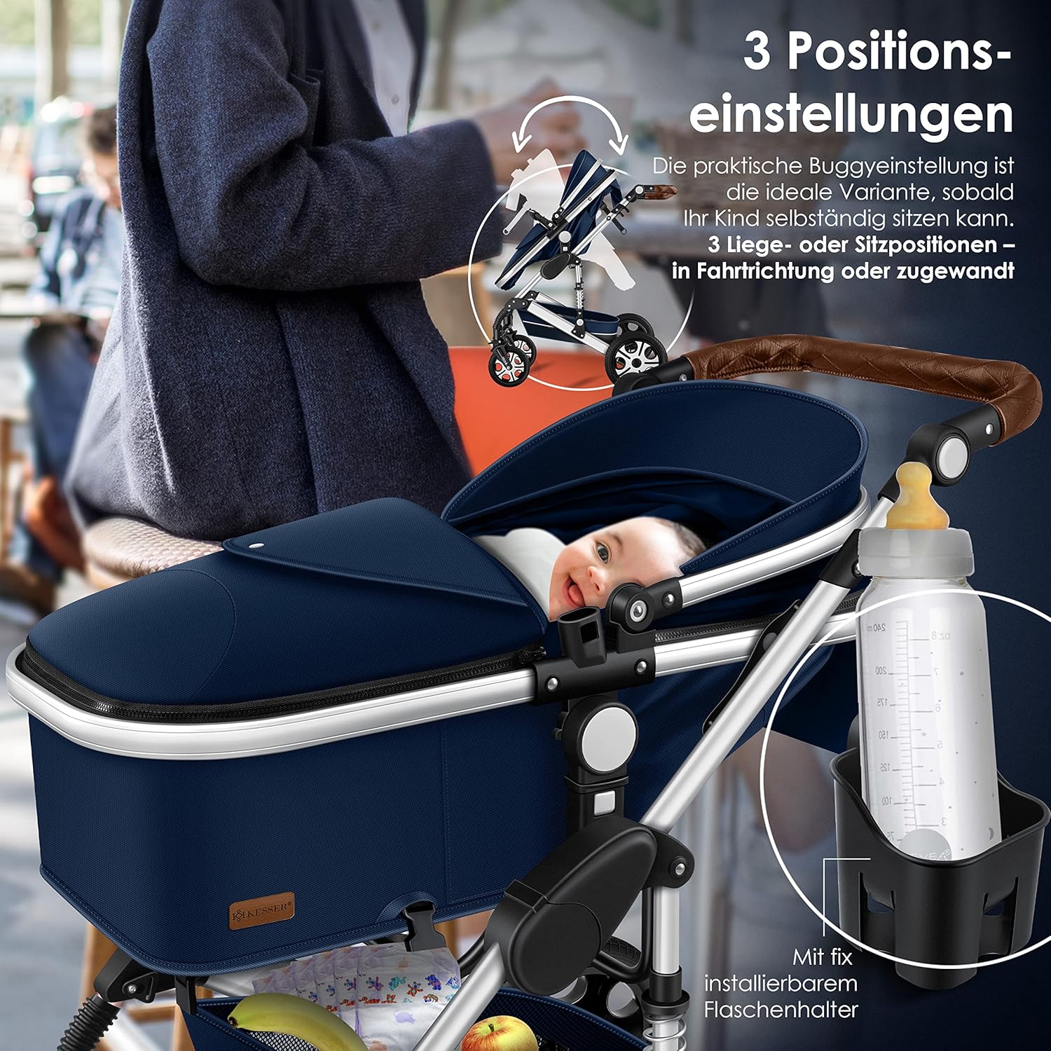 KESSER® Loops 3 in 1 Kinderwagen Kombikinderwagen Komplett-Set inkl. Babywanne & Buggy Sportsitz & Auto-Babyschale Voll-Gummireifen Wickeltasche Regenschutz Kindertisch ECE R129, Schwarz/Schwarz