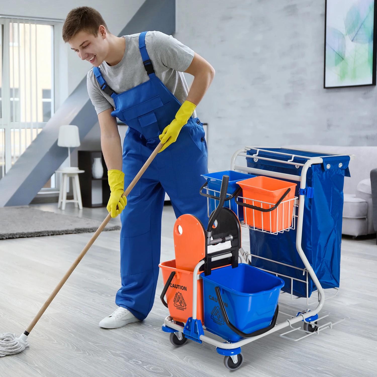 Schoonmaakwagen schoonmaaktrolley met wielen 4 verrijdbare emmers, dweilwagen, blauwe systeemwagen